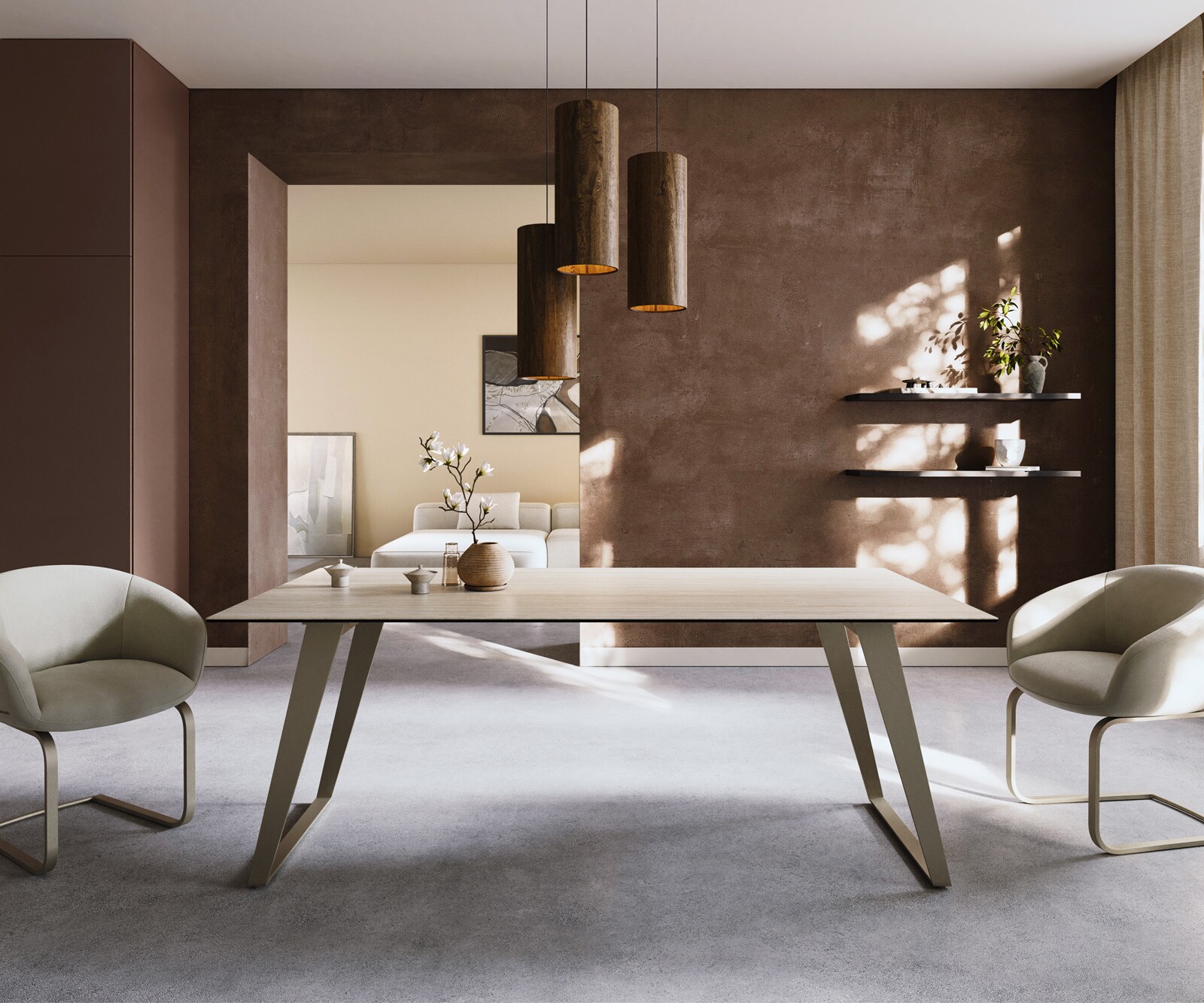 DELIFE Esstisch Edge 200x100 Keramik Laminam Travertino Bianco Creme-Weiß Metall Schräg Effektfinish Titan
