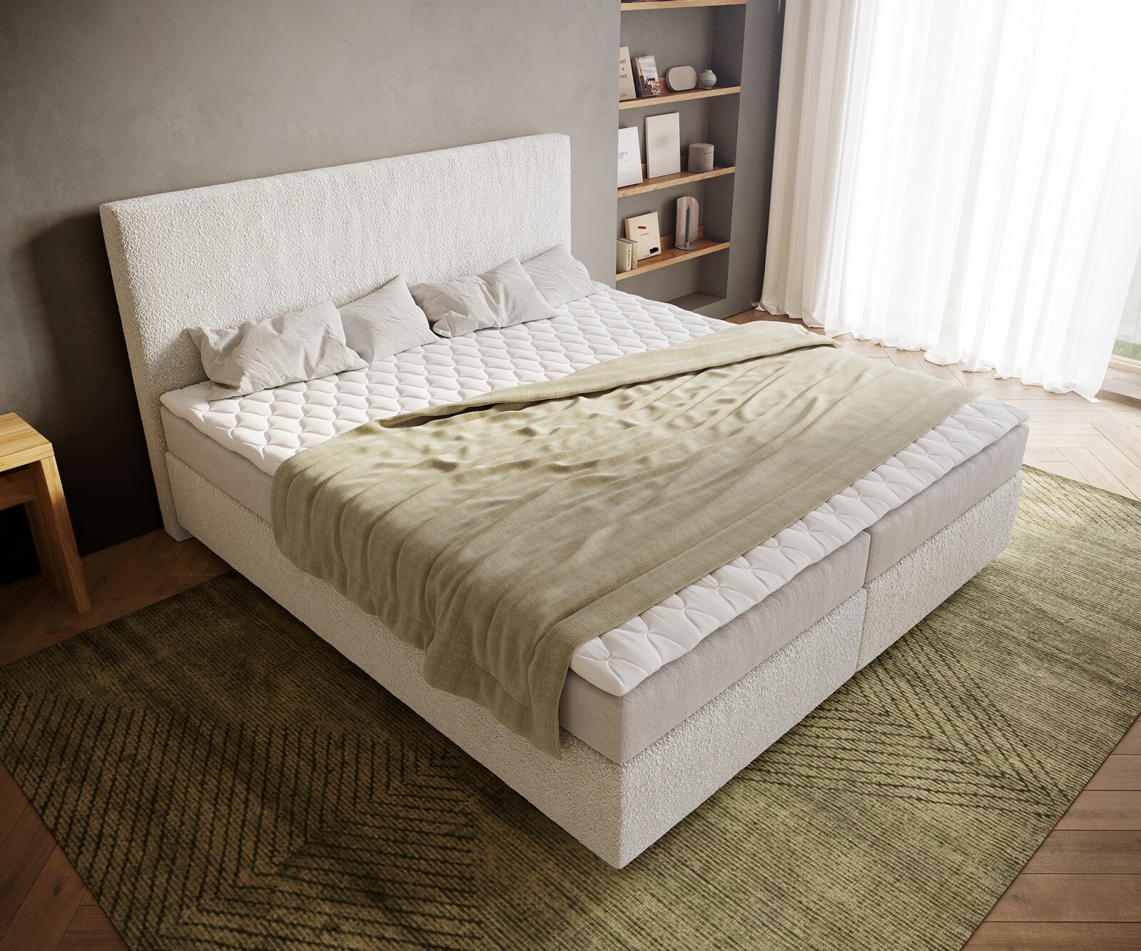 Boxspringbett Dream-Well 180x200 cm Bouclé Creme-Weiß mit Matratze und Topper 3