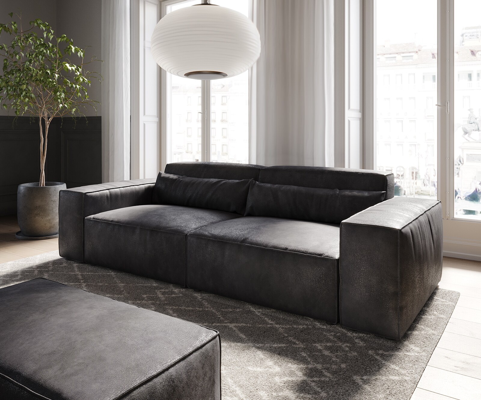 Big-Sofa Sirpio 230x95 cm Lederimitat Vintage Anthrazit  mit Hocker 1