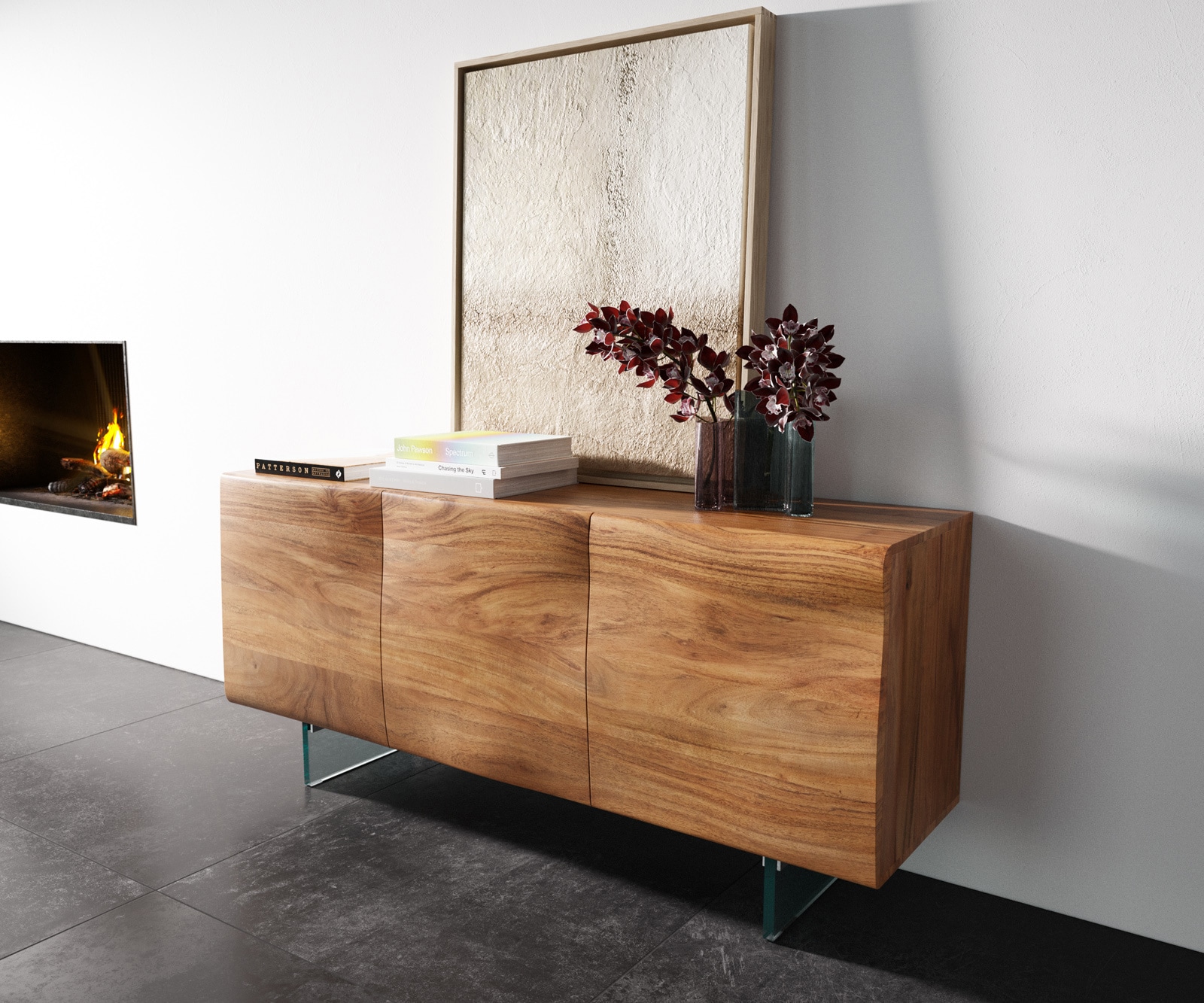 Sideboard New Live-Edge 145 cm Akazie Natur 3 Türen Glasfuß Sideboard New Live-Edge 145 cm Akazie Natur 3 Türen Glasfuß