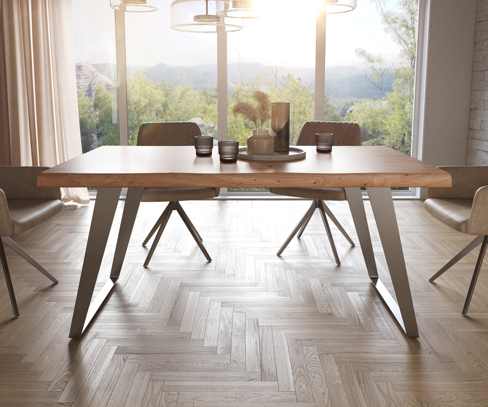 Esstisch Edge 160x90 XL Akazie Natur Edelstahl Schräg Live-Edge 1 Esstisch Edge 160x90 XL Akazie Natur Edelstahl Schräg Live-Edge 1