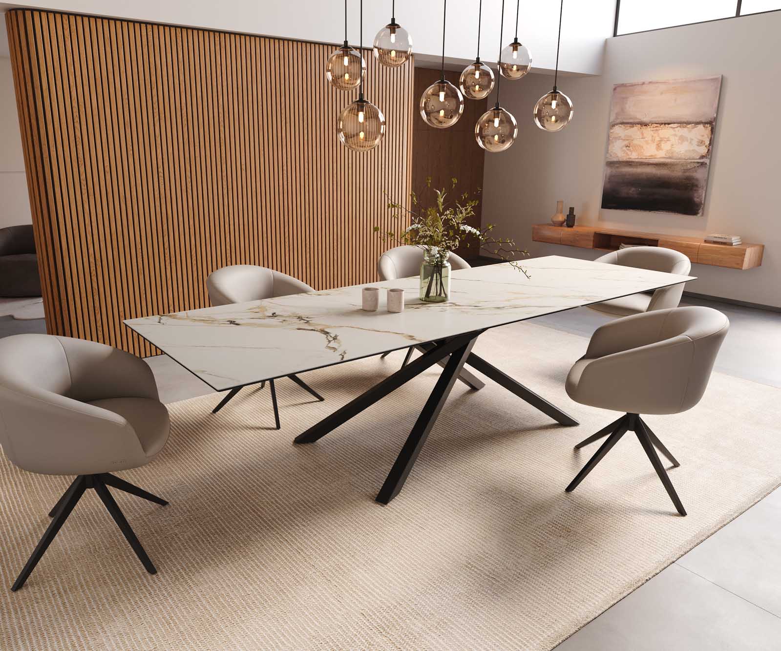 Esstisch Edge 300x100 Keramik Calacatta Luxe Weiß-Gold-Grau Kreuzgestell Rechteck Schwarz 8