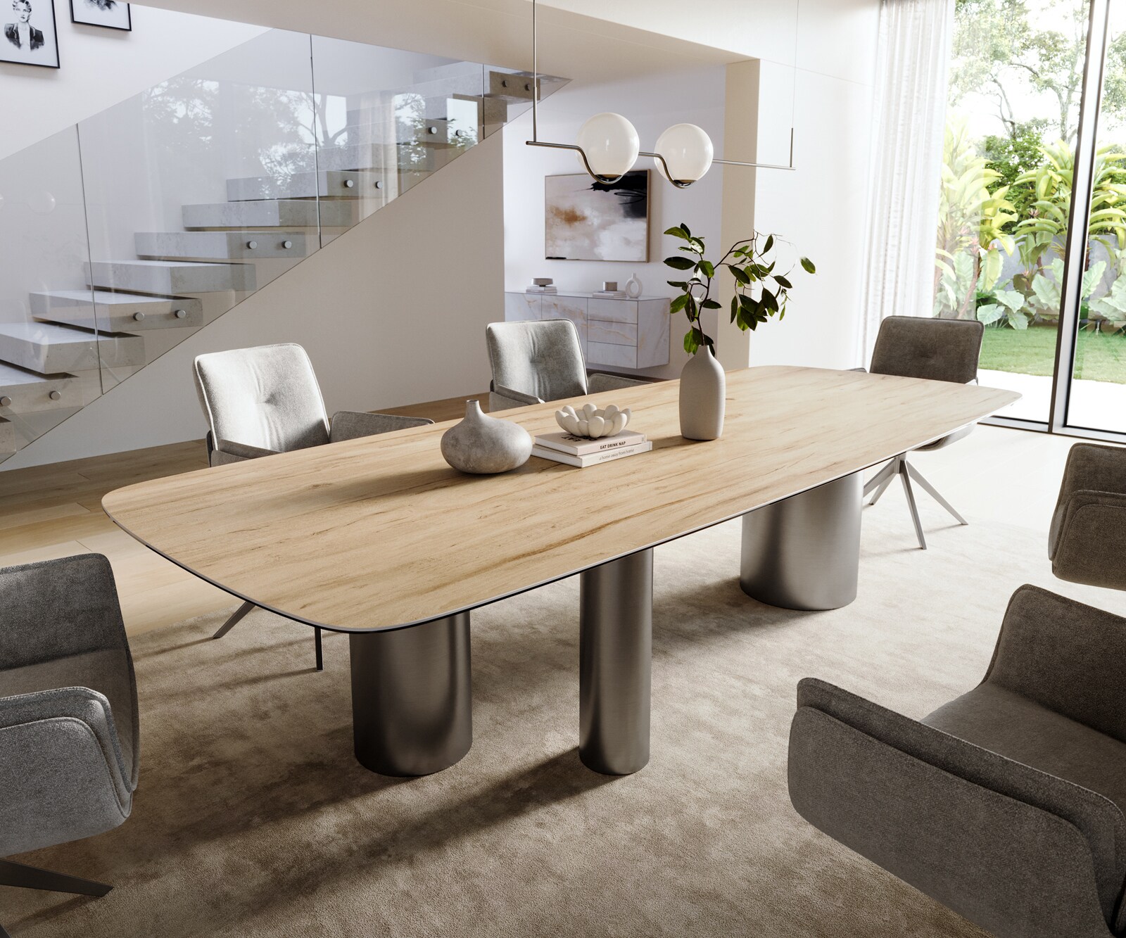 Esstisch Edge Boot 300x120 cm Keramik Laminam® Sabbia Eichefarbig Troa Edelstahl Graphit 1