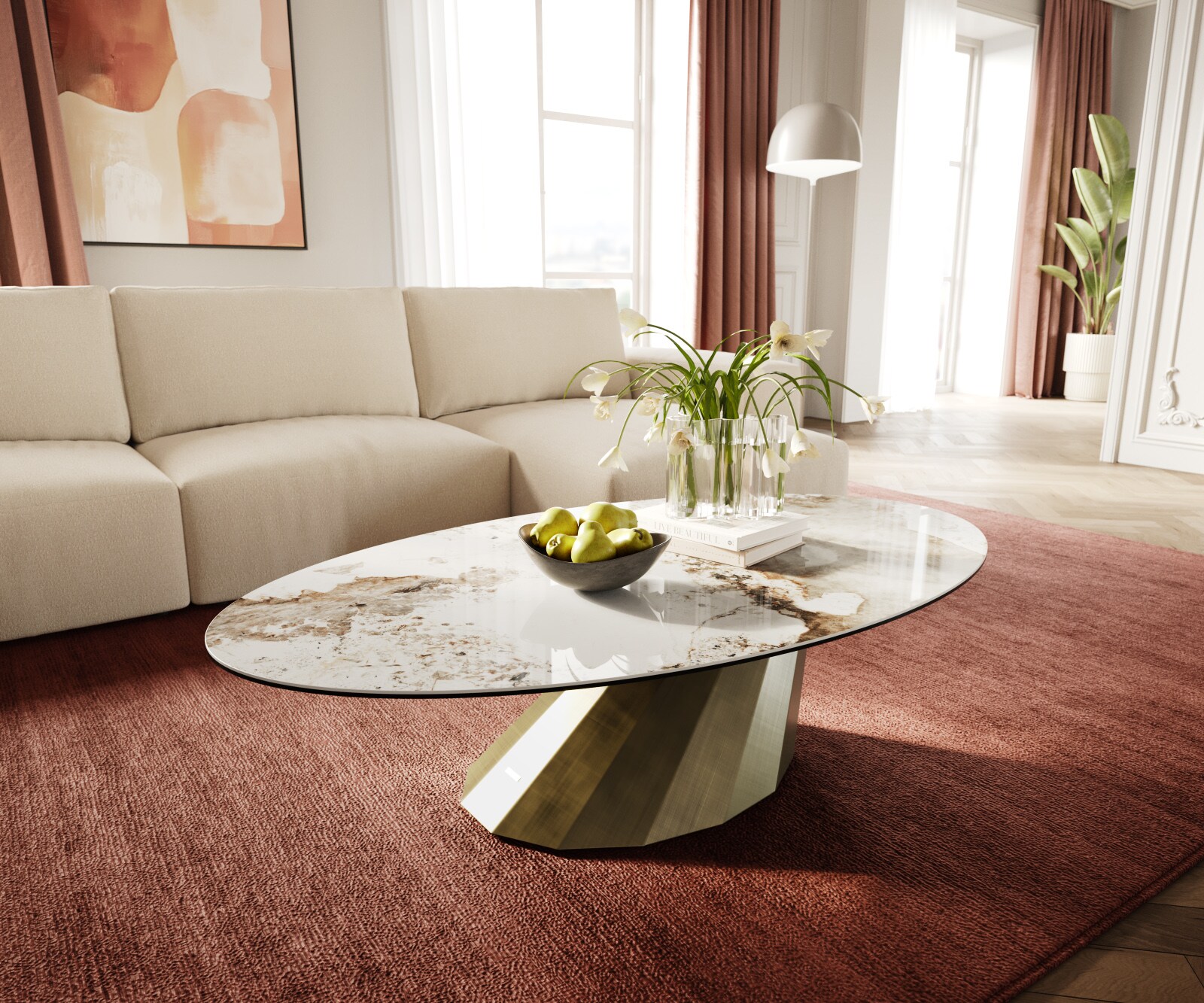 DELIFE Couchtisch Edge Oval 140x80 cm Keramik Minas Melange Parabi Metallic Gold
