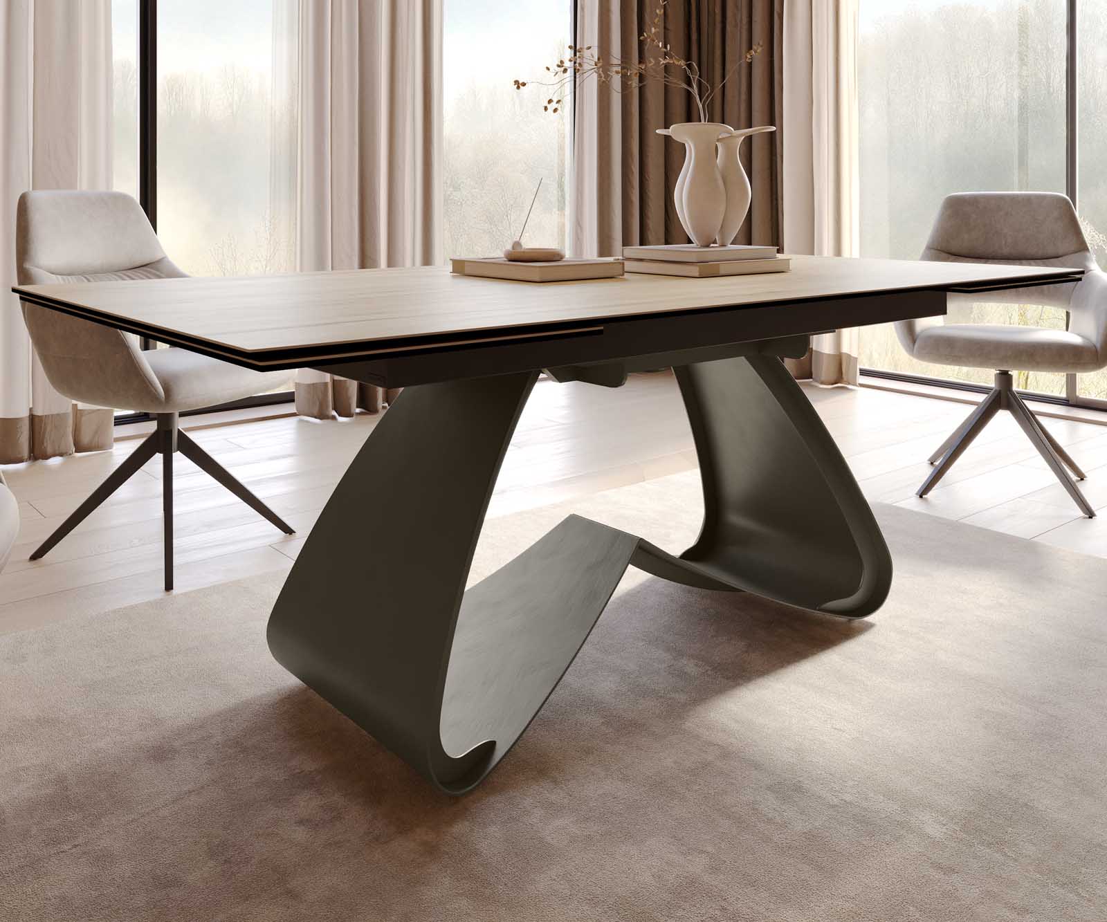 Esstisch Edge 200-300x100 Keramik Laminam® Sabbia Eichefarbig W-Gestell Effektfinish Titan Ausziehbar 6