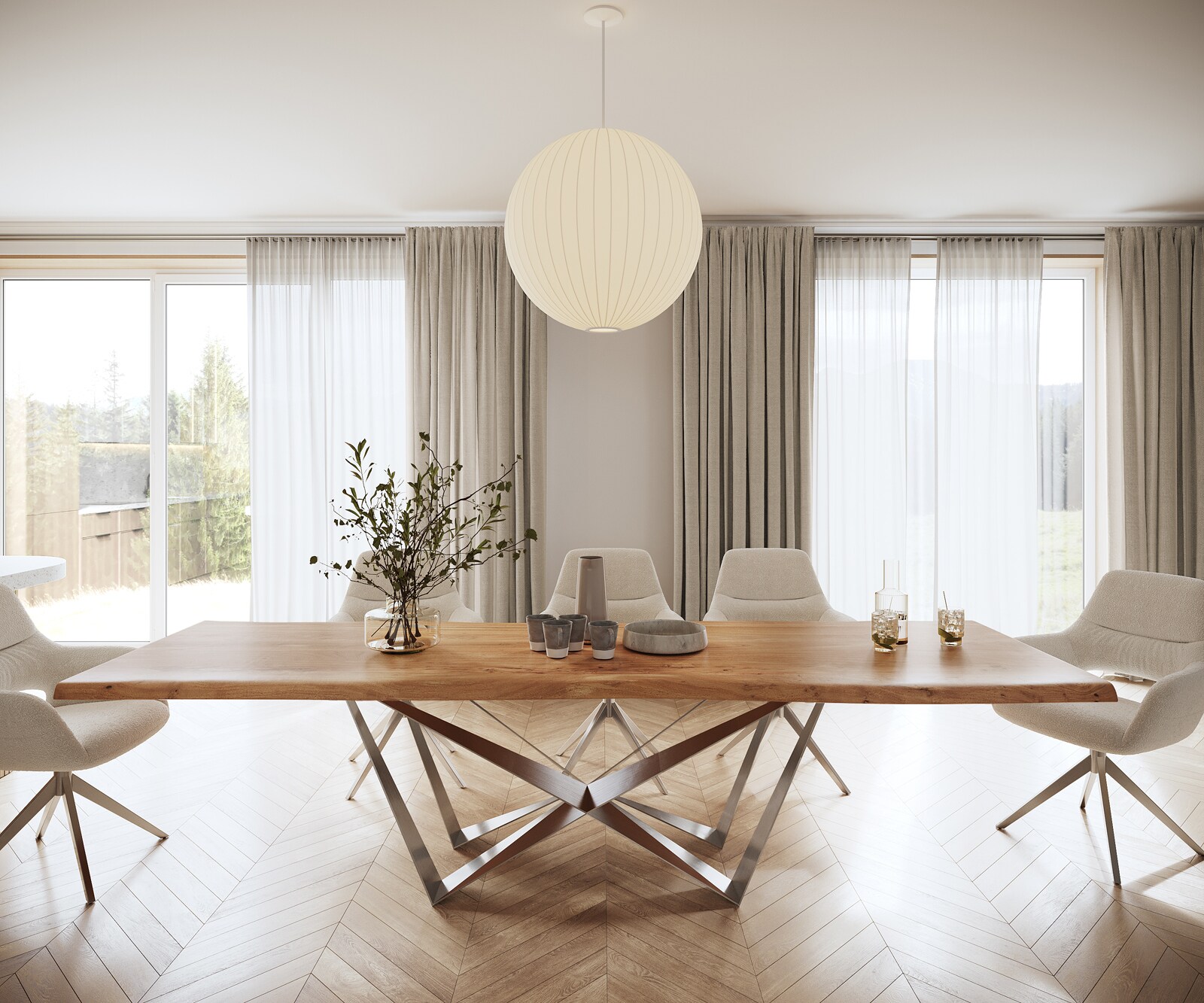 Esstisch Edge 300x100 XL Akazie Natur Spider Flachstahl Edelstahl Live-Edge 1
