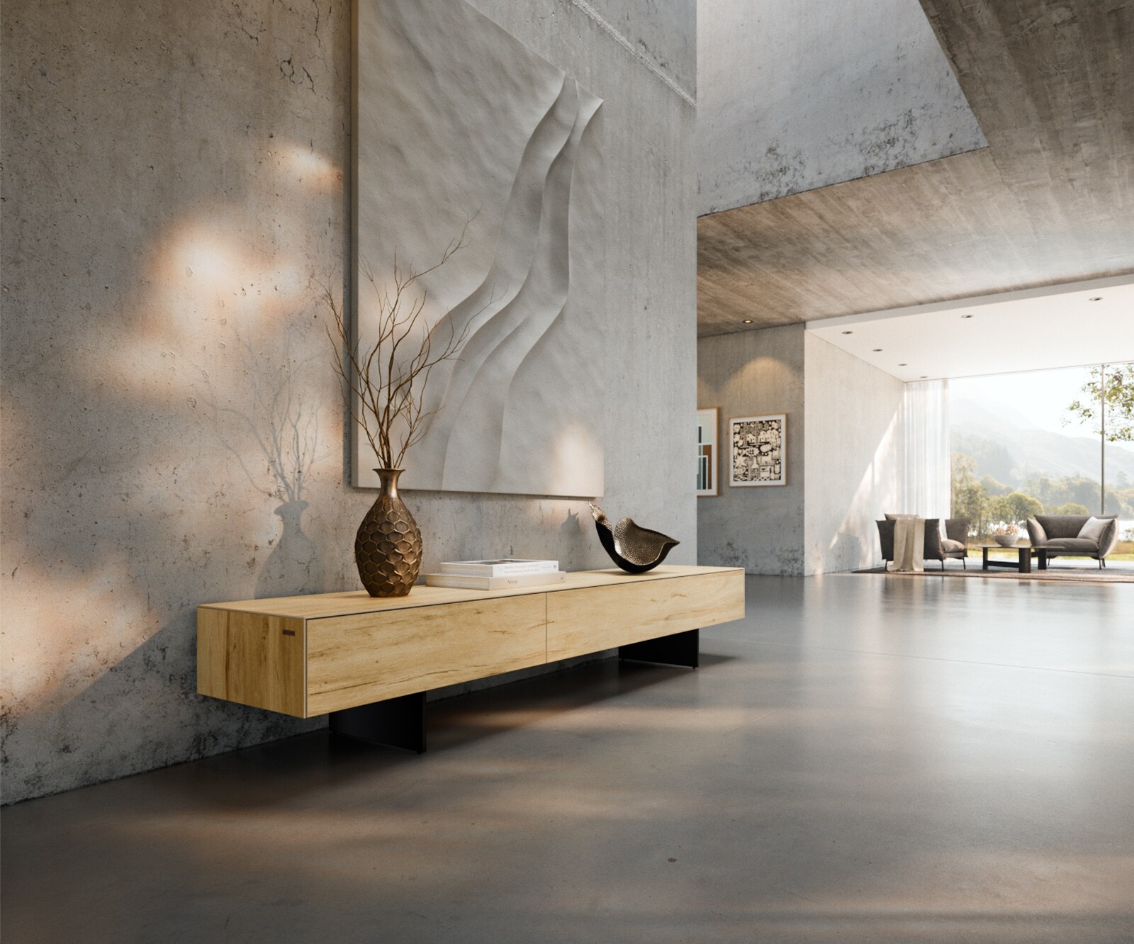 Lowboard Cuor 200 cm Keramik Laminam® Sabbia Eichefarbig 1 Klappe 1 Schubfach Fuß Schwebeoptik Metall Schwarz
