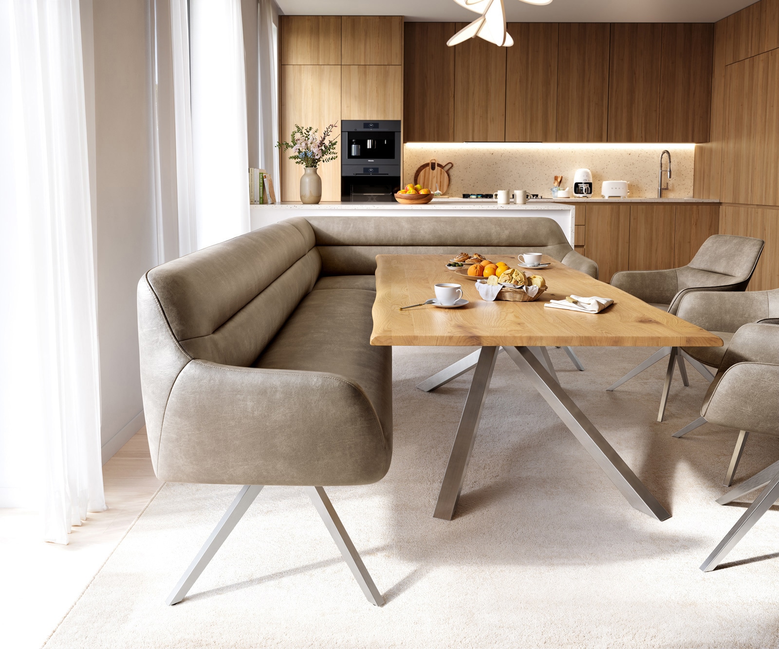 Esszimmerbank Taya-Flex 285x190 cm Mikrofaser Beige Vintage Kreuzgestell kantig Edelstahl Taschenfederkern Rechts 2