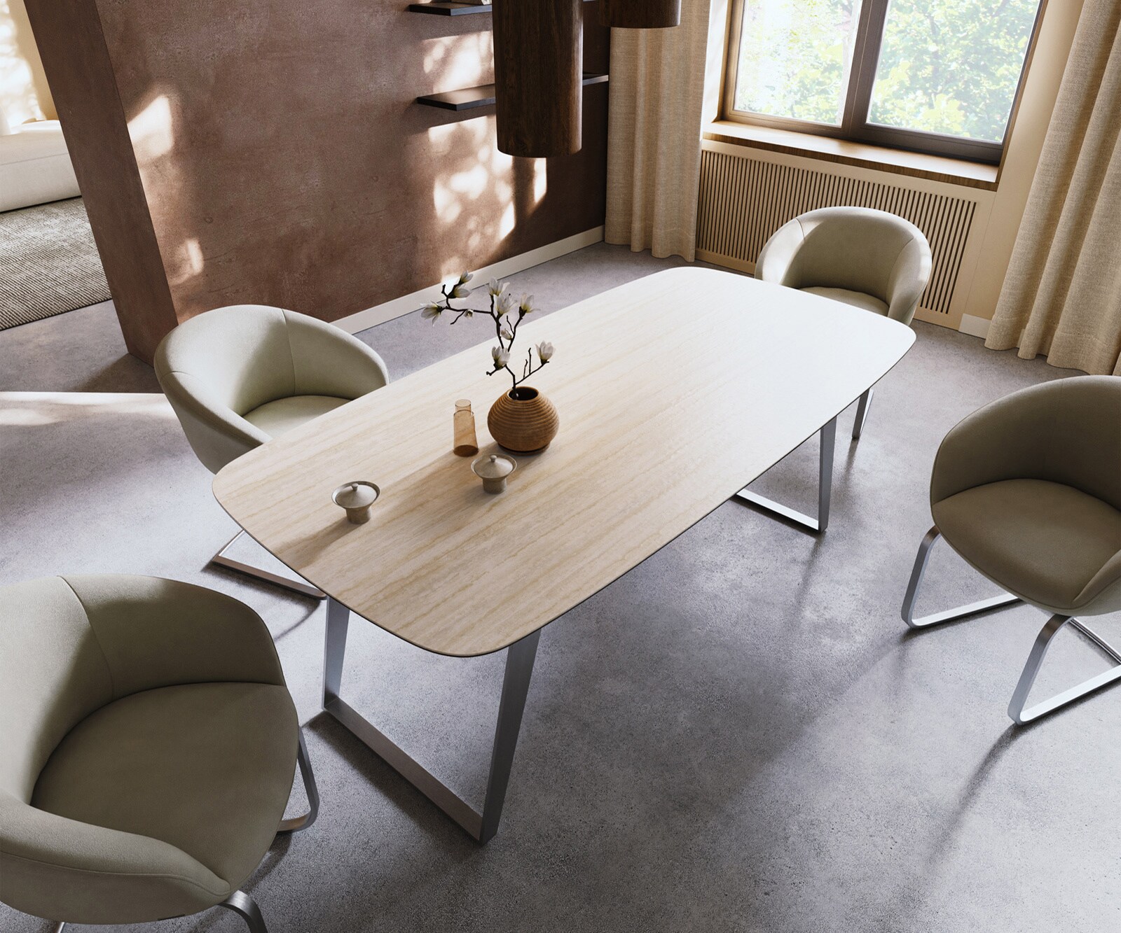 Esstisch Edge Boot 200x100 Keramik Laminam® Travertino Bianco Creme-Weiß Edelstahl Schräg 3