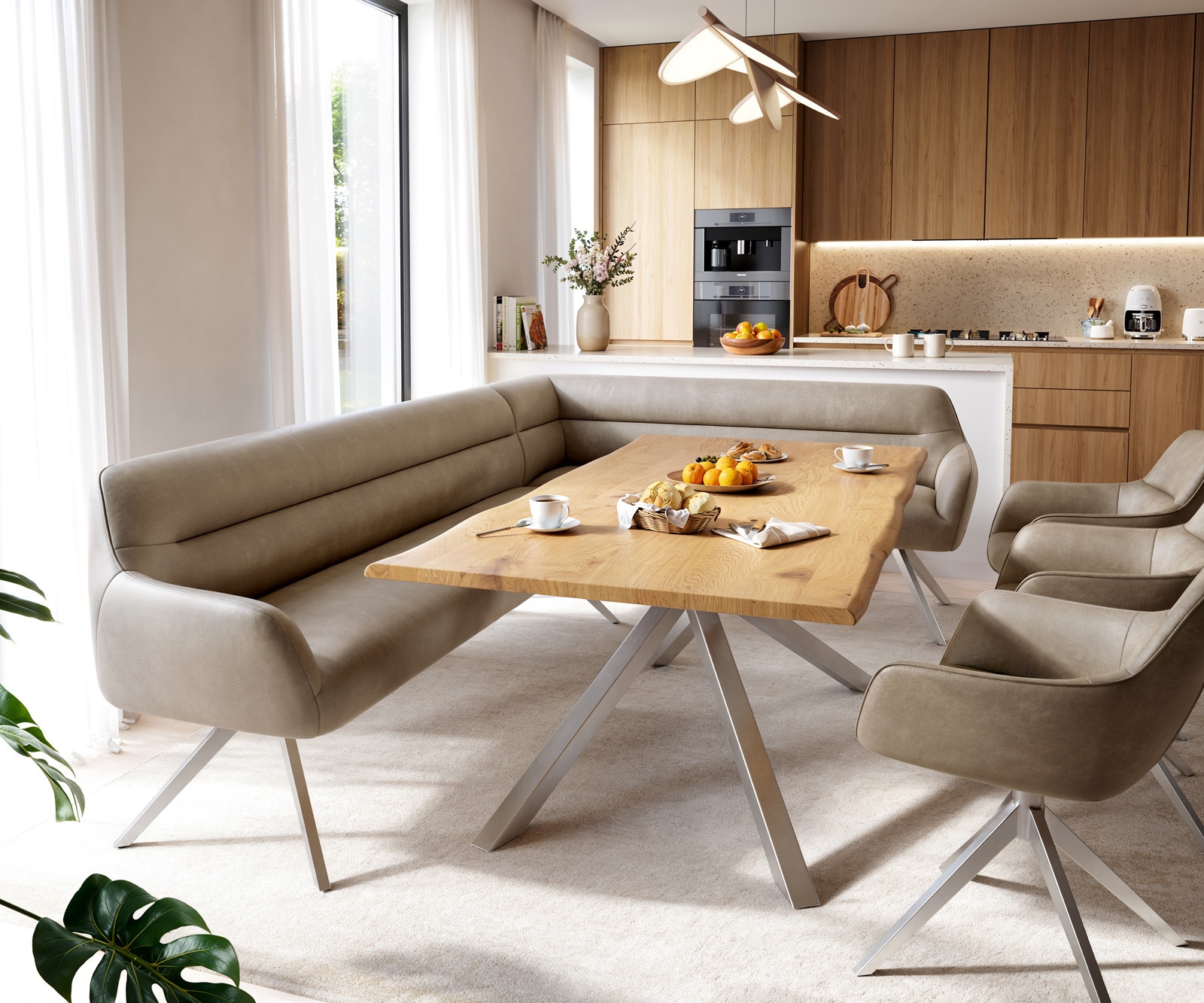 Esszimmerbank Taya-Flex 285x190 cm Mikrofaser Beige Vintage Kreuzgestell kantig Edelstahl Taschenfederkern Rechts 1