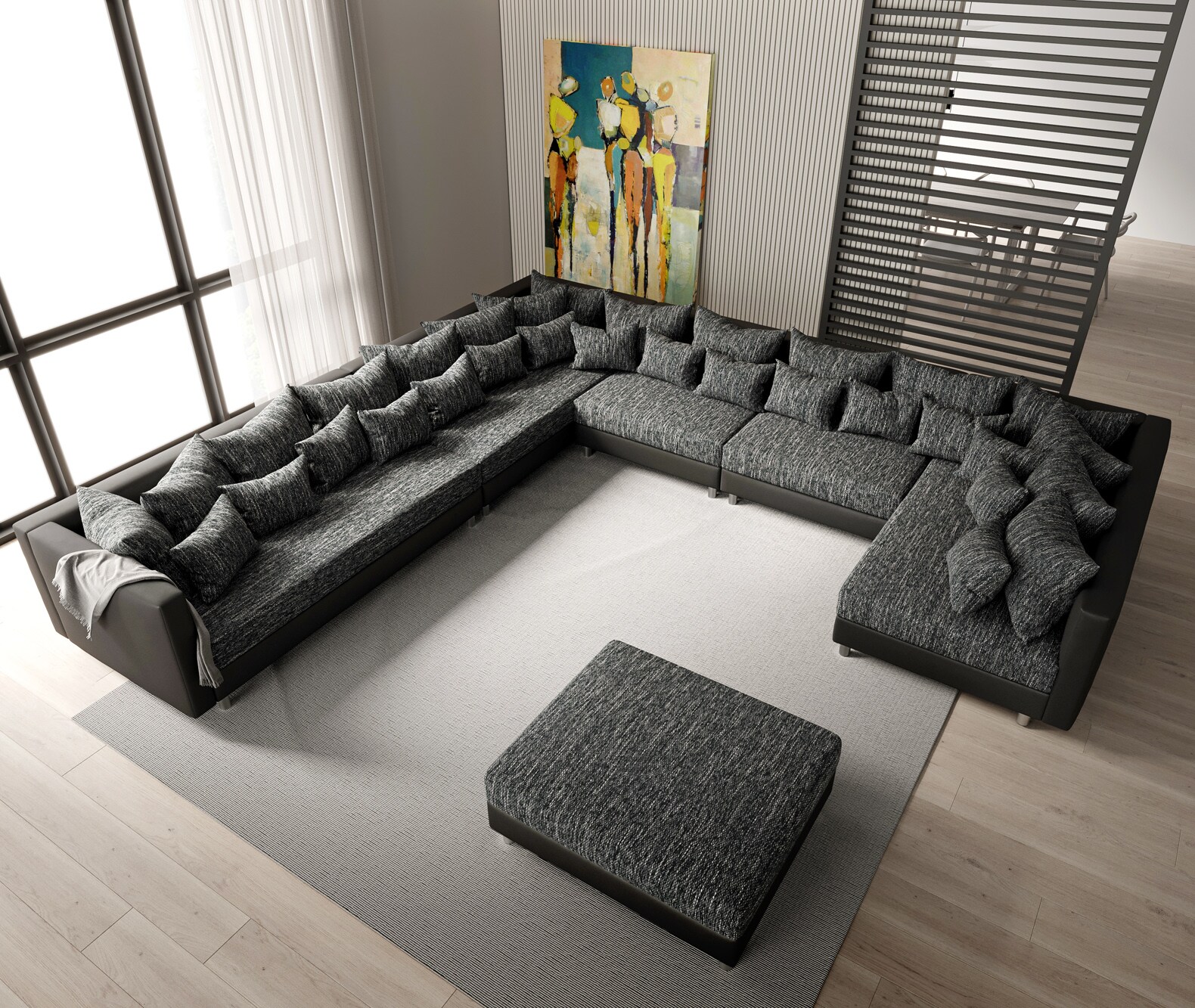 Wohnlandschaft Clovis XXL Schwarz Hocker Ottomane Links modular 1
