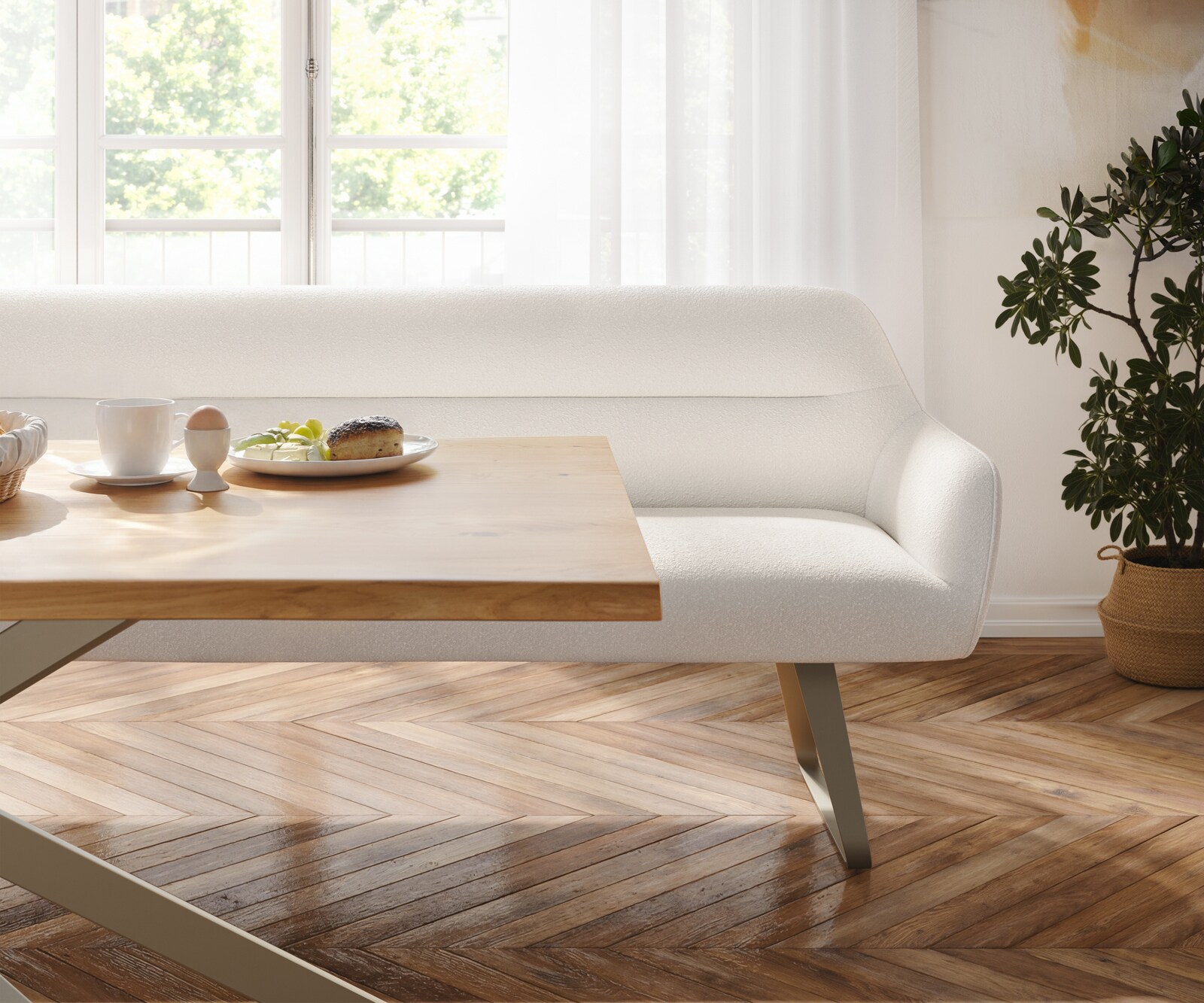 Esszimmerbank Taya-Flex 200 cm Bouclé Creme-Weiß Kufengestell flach Effektfinish Titan Taschenfederkern 4