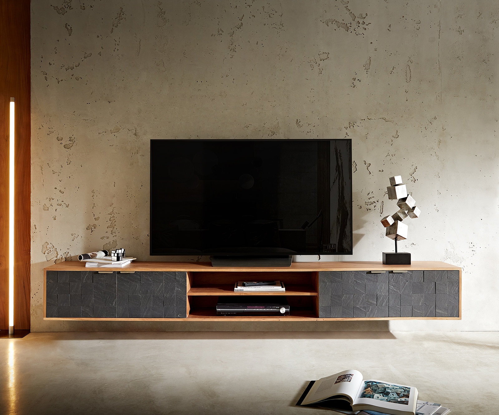 Lowboard Teele 240 cm Akazie Natur Schiefer 4 Türen schwebend 1 Lowboard Teele 240 cm Akazie Natur Schiefer 4 Türen schwebend 1