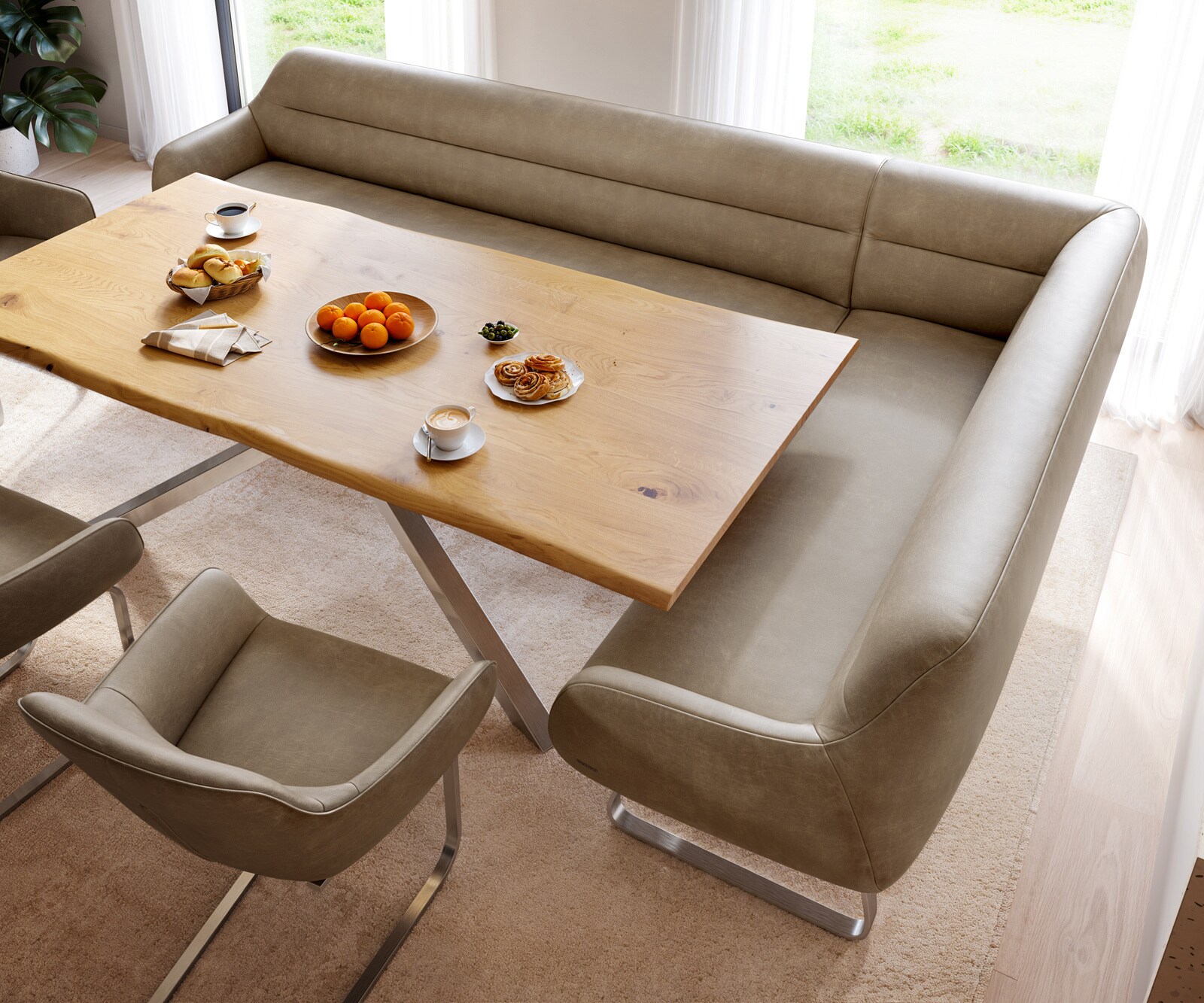 Esszimmerbank Taya-Flex 285x190 cm Mikrofaser Beige Vintage Kufengestell flach Edelstahl Taschenfederkern Links 4