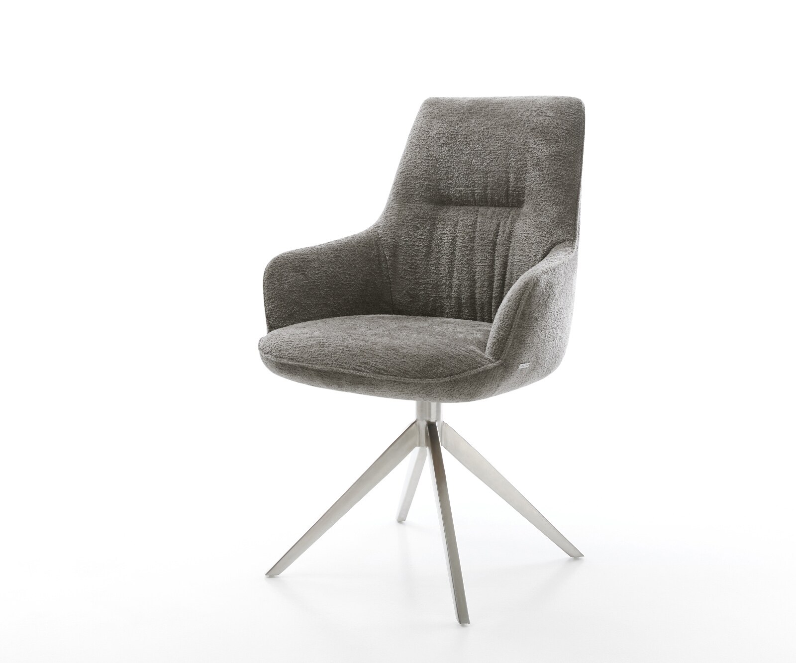 Drehstuhl Zelia-Flex mit Armlehnen Bouclé Soft Schlamm Kreuzgestell breit Edelstahl 360° drehbar Wippfunktion Taschenfederkern