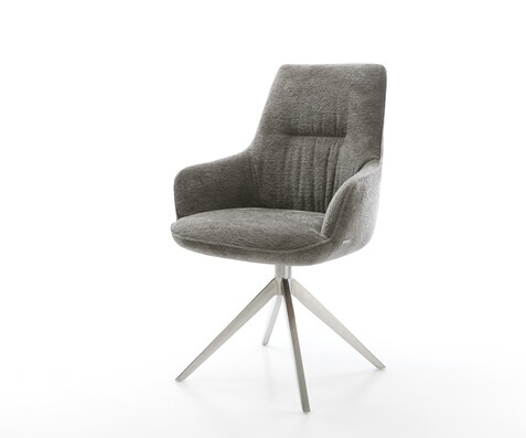 Drehstuhl Zelia-Flex mit Armlehnen Bouclé Soft Schlamm Kreuzgestell breit Edelstahl 360° drehbar Wippfunktion Taschenfederkern