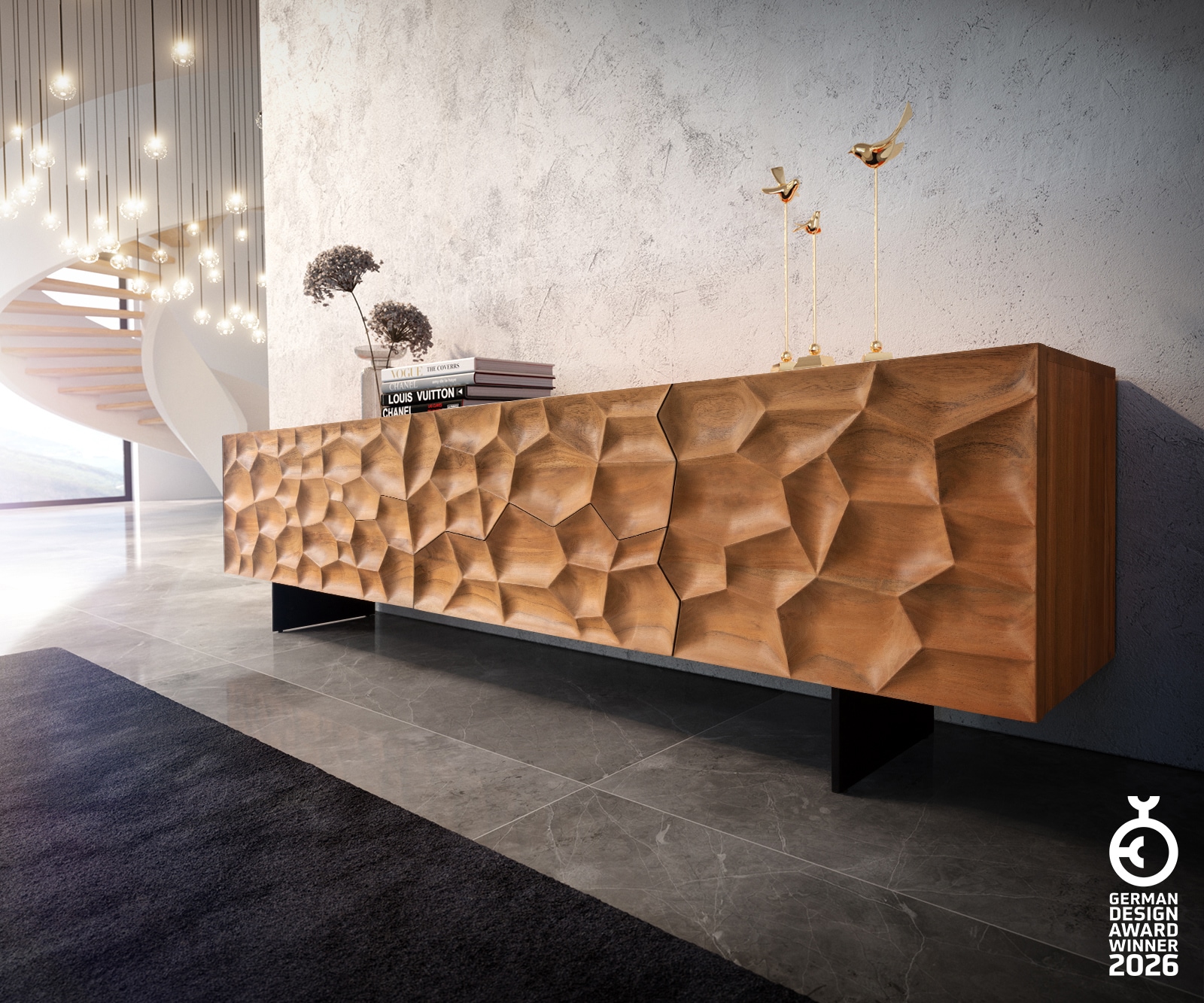 Lowboard Solu 220 cm Akazie Natur 2 Türen 4 Schübe Fuß schwebend Metall Schwarz 3D-Front