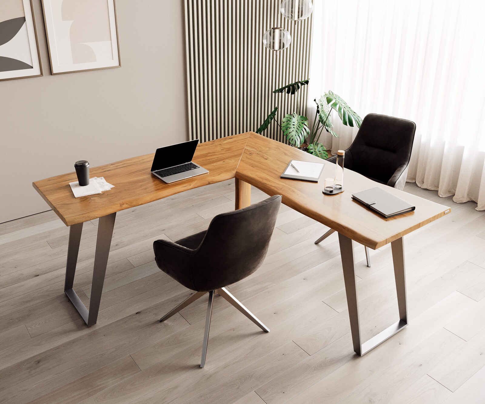 Schreibtisch Live-Edge 170x170 Akazie Natur Gestell Silber Baumkante 5