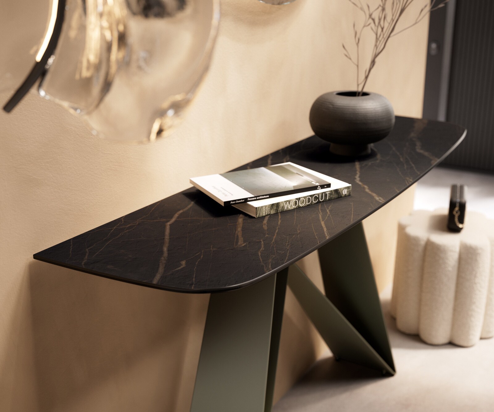 Konsolentisch Edge Boot 140x40 cm Keramik Laminam® Noir Desir Braun Velio Metall Effektfinish Titan 5