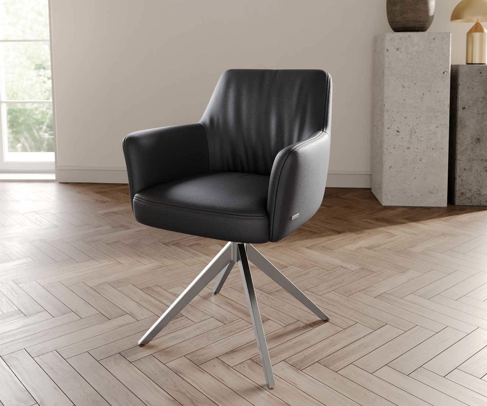 Drehstuhl Xana-Flex mit Armlehnen Echt-Leder Schwarz Kreuzgestell breit Edelstahl 360° drehbar Taschenfederkern Drehstuhl Xana-Flex mit Armlehnen Echt-Leder Schwarz Kreuzgestell breit Edelstahl 360° drehbar Taschenfederkern