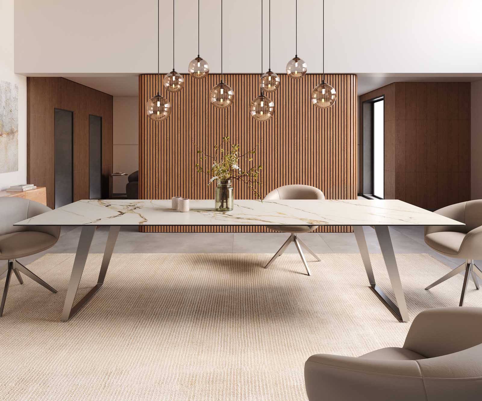 Esstisch Edge 300x100 Keramik Calacatta Luxe Weiß-Gold-Grau Edelstahl Schräg 1