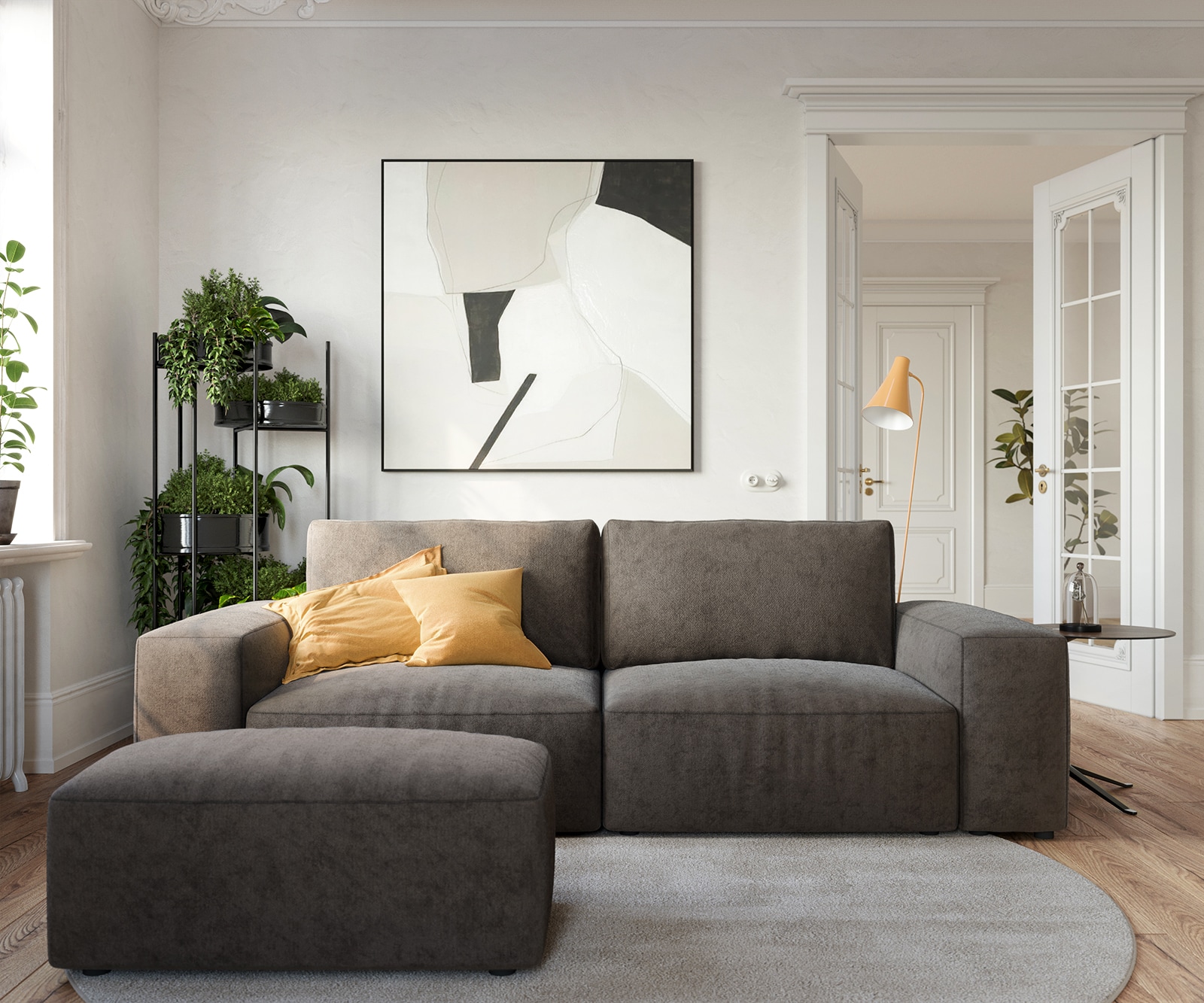 Big-Sofa Lanzo 230x95 cm Mikrofaser Khakibraun mit Hocker 1