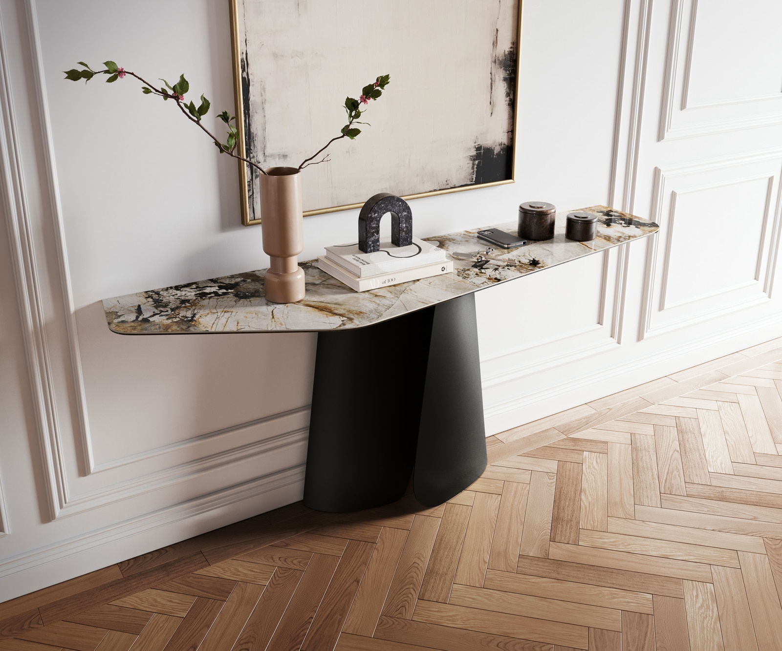 Konsolentisch Edge Polygonal 180x50 cm Keramik Patagonia Poliert Livos Metall Schwarz