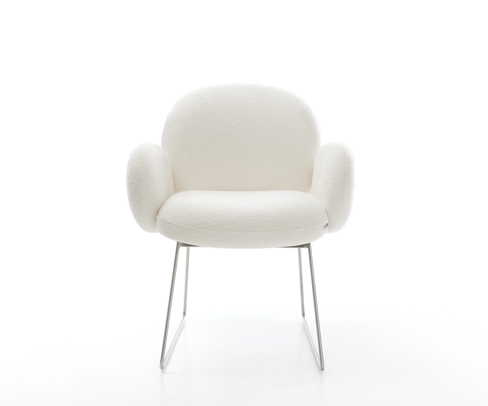 Esszimmerstuhl Nube-Flex mit Armlehnen Bouclé Soft Beige Kufengestell Edelstahl Taschenfederkern 1