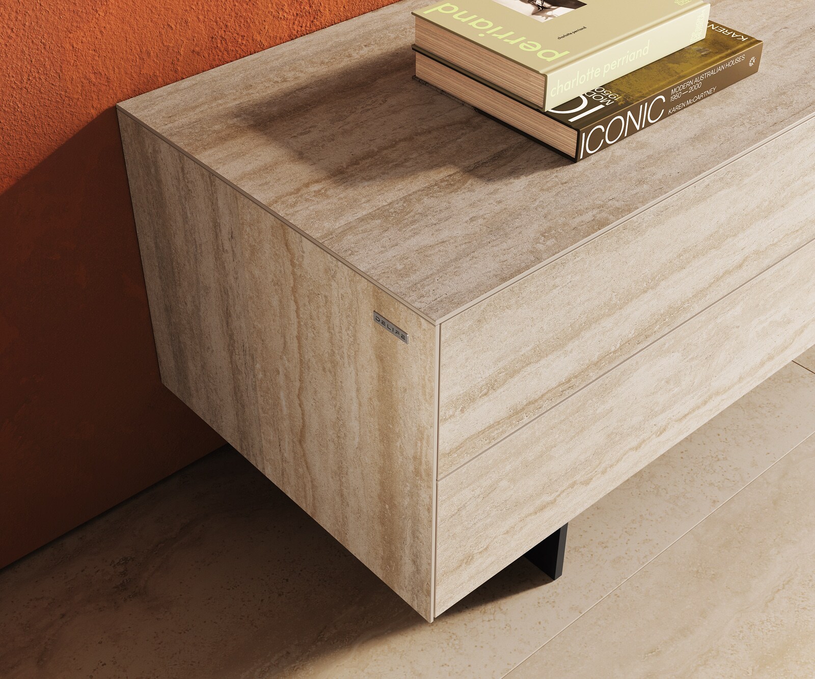 Lowboard Cuor 180 cm Keramik Laminam® Travertino Bianco Creme-Weiß 1 Klappe 2 Schubfächer Fuß Schwebeoptik Metall Schwarz 6