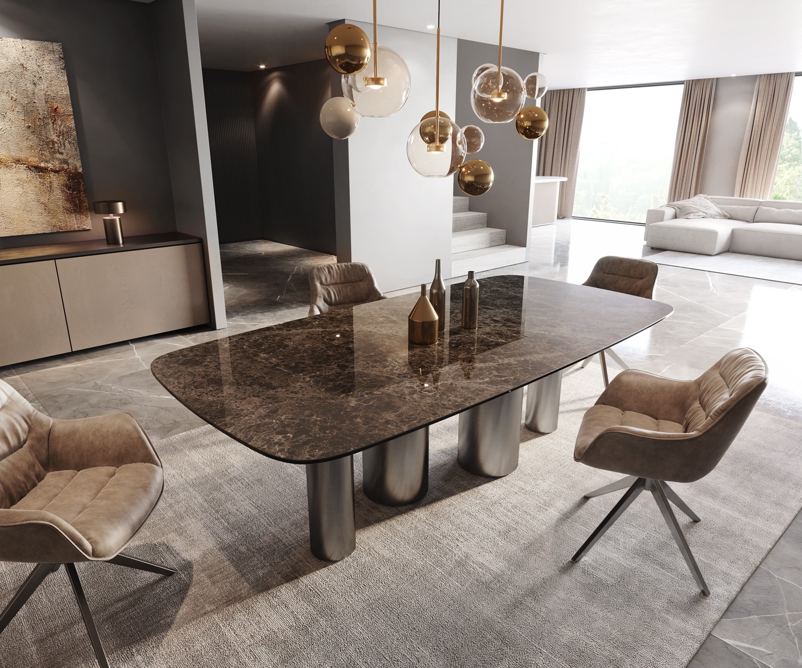 Esstisch Edge Boot 240x120 Keramik Laminam® Emperador Extra Lucidato Dunkelbraun Pilier Edelstahl Graphit 1