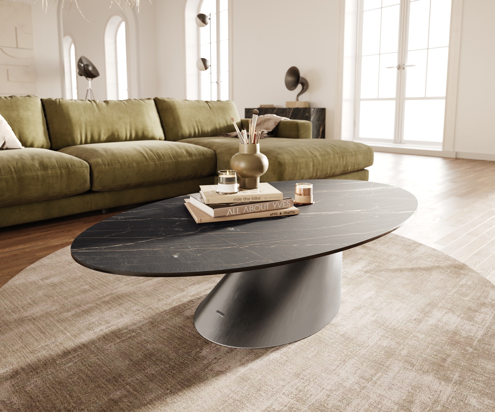 Delife Couchtisch Edge Oval 140x80 Cm Keramik Laminam® Noir Desir Braun Conis Edelstahl Gebürstet