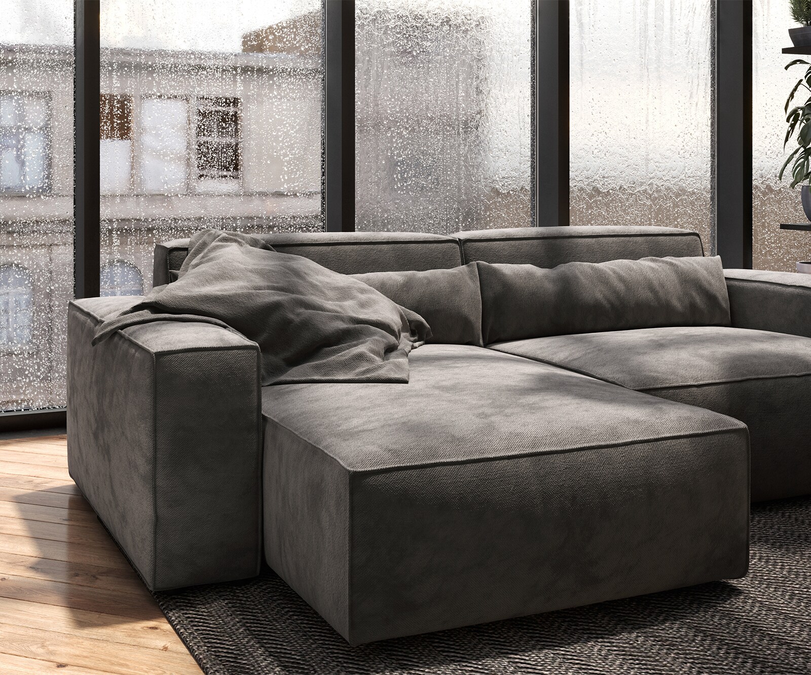 Ecksofa Sirpio 230x155 cm Mikrofaser Khakibraun Recamiere variabel mit Hocker 4