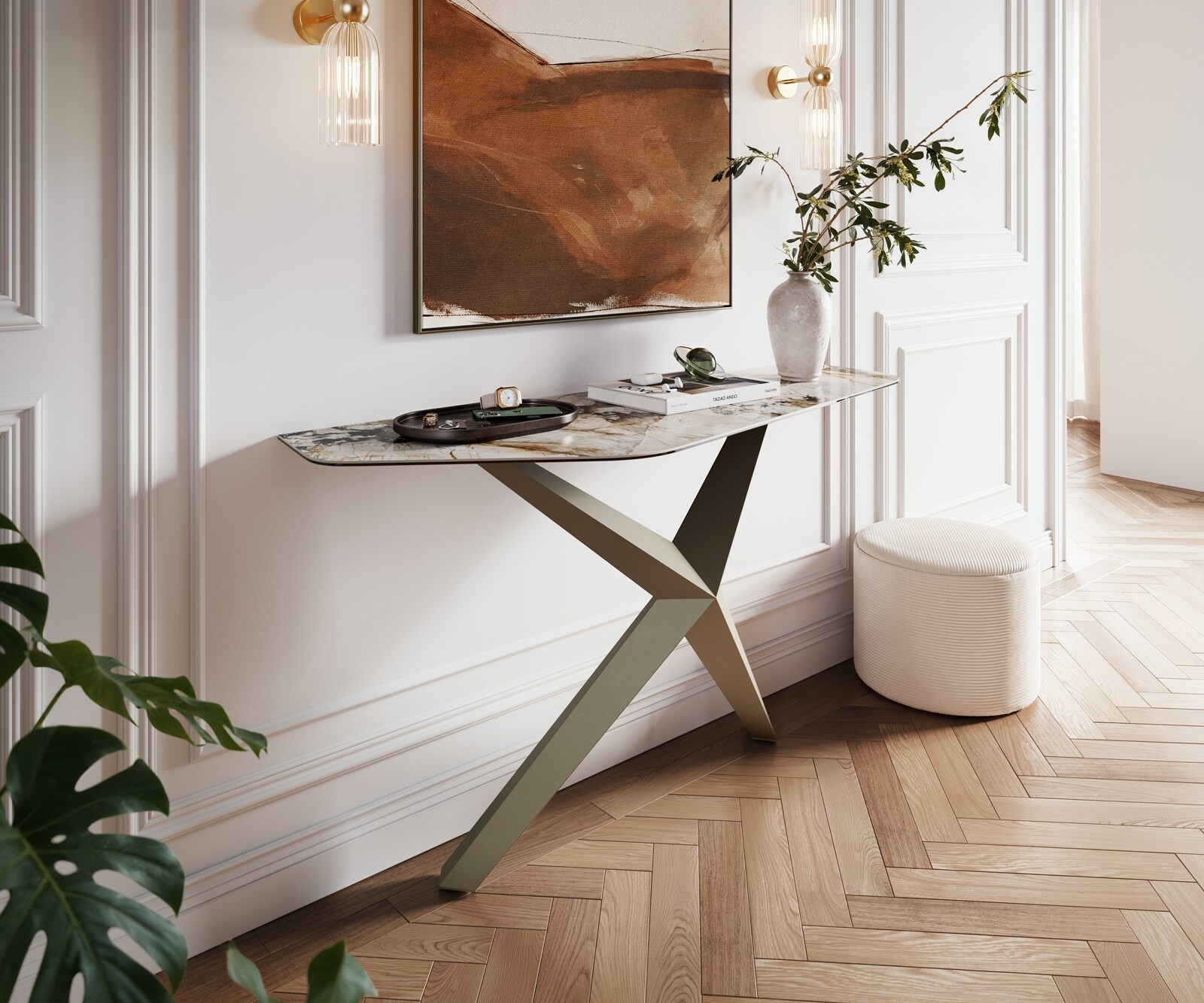 Konsolentisch Edge Polygonal 140x50 cm Keramik Patagonia Poliert Zentharo Metall Effektfinish Titan