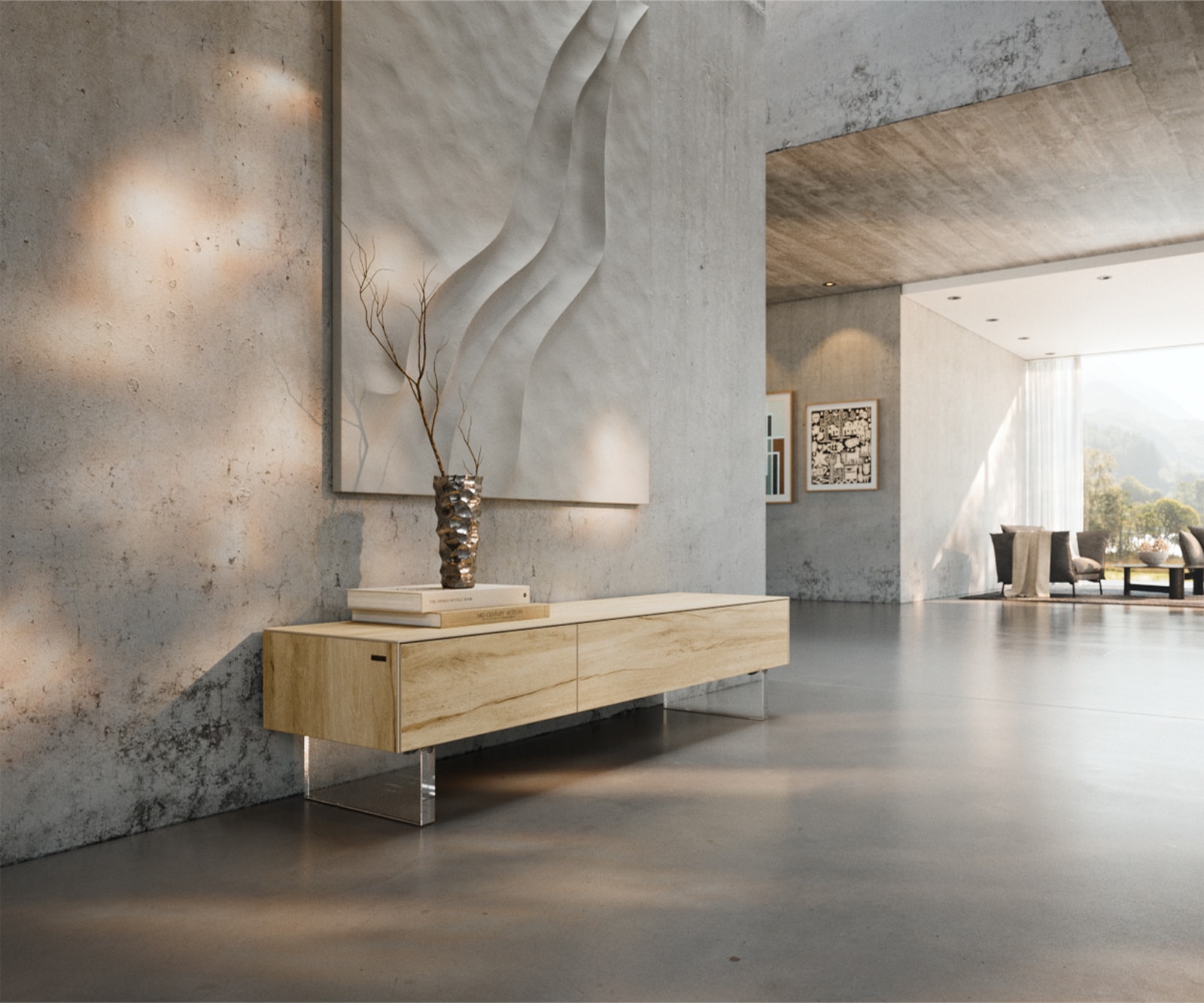 Lowboard Cuor 150 cm Keramik Laminam® Sabbia Eichefarbig 1 Klappe 1 Schubfach Fuß Schwebeoptik Acrylglas