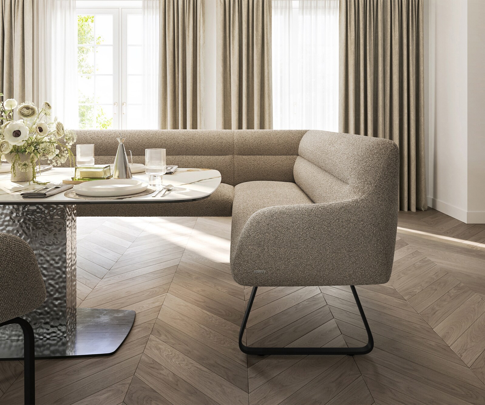 Esszimmerbank Taya-Flex 285x190 cm Bouclé Schlamm Kufengestell flach Schwarz Taschenfederkern Links 5