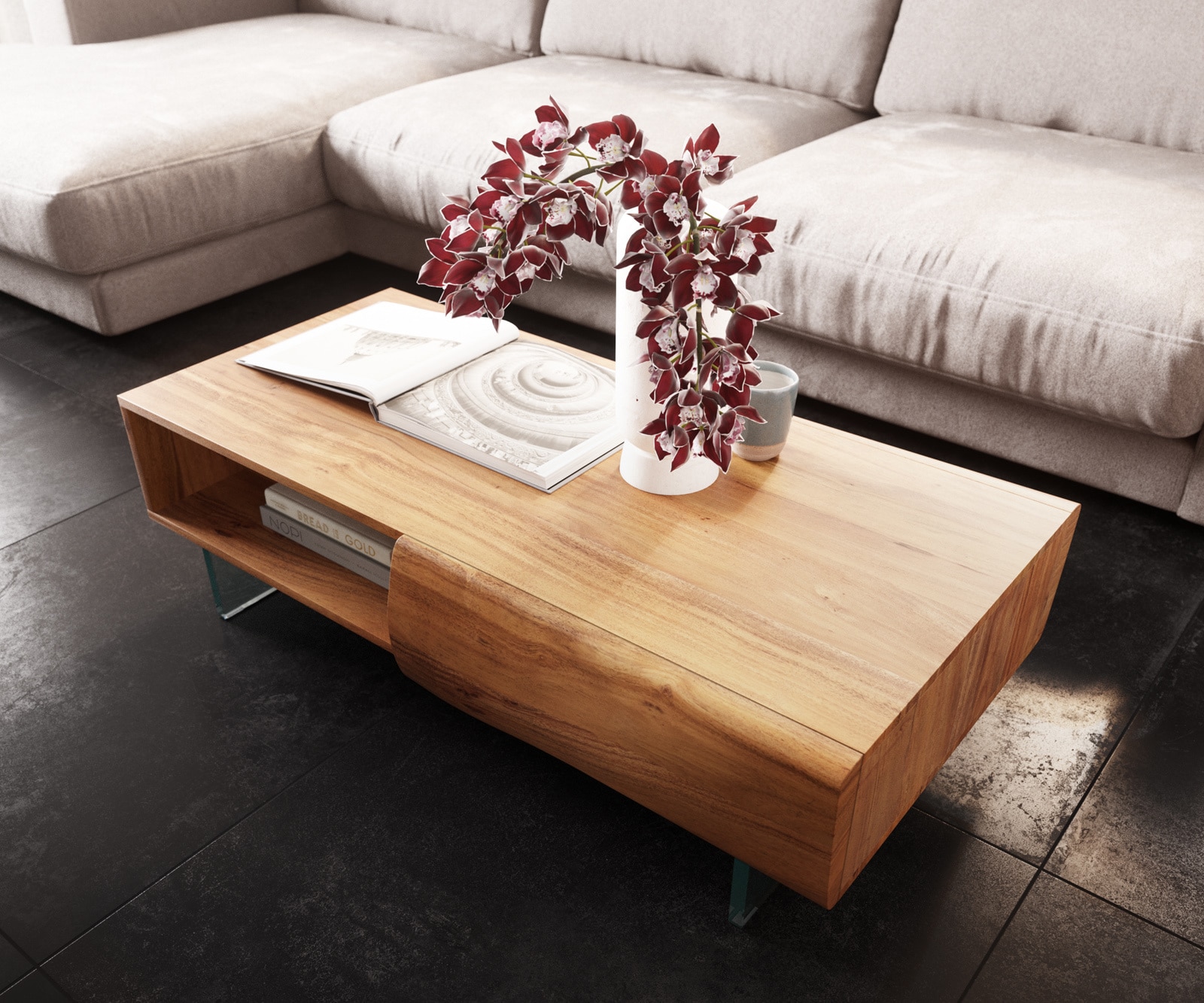 Couchtisch New Live-Edge 115x60 cm Akazie Natur 2 Schubladen 1 Fach Glasfuß schwebend 3 Couchtisch New Live-Edge 115x60 cm Akazie Natur 2 Schubladen 1 Fach Glasfuß schwebend 3