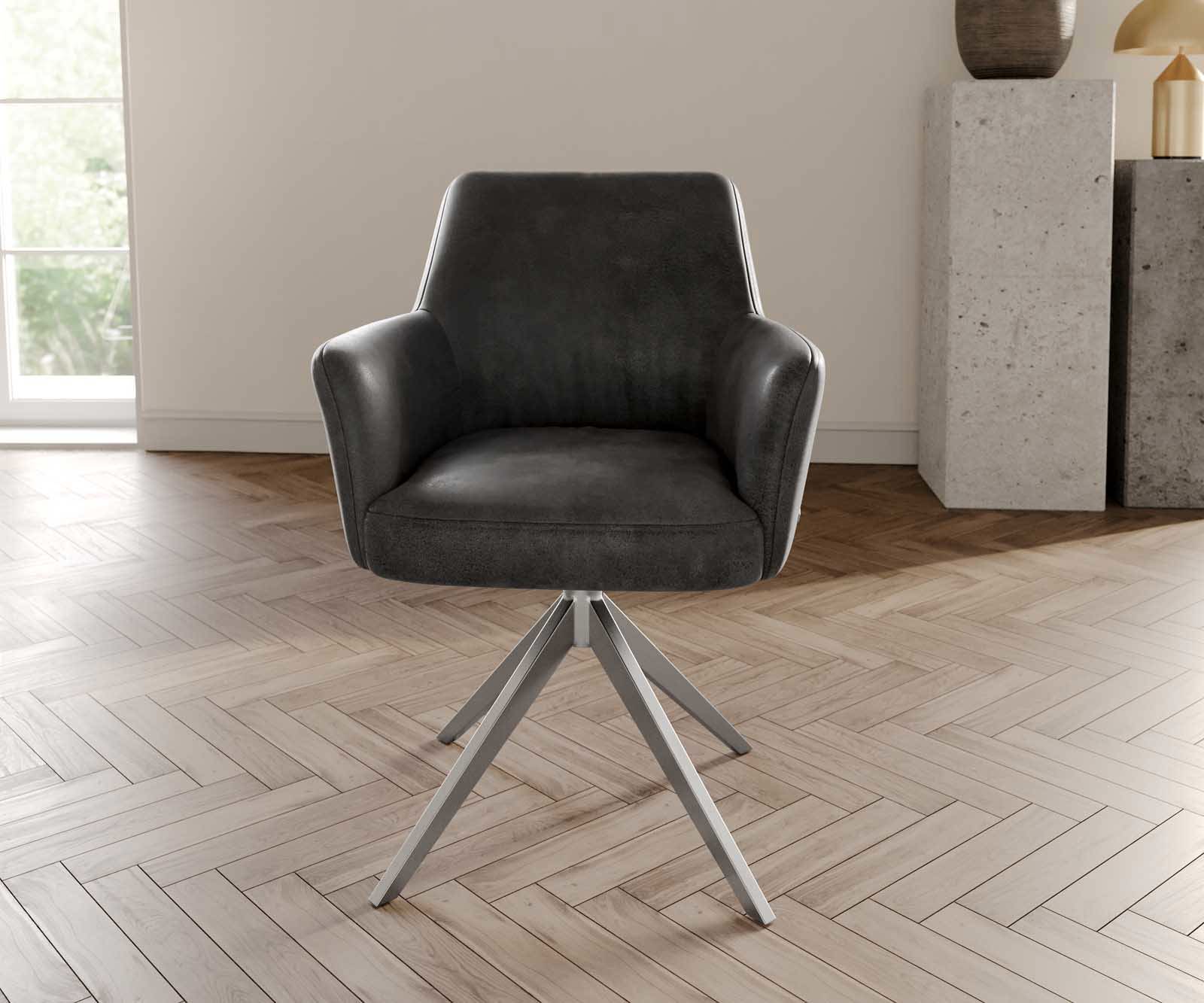 Drehstuhl Xana-Flex mit Armlehnen Mikrofaser Anthrazit Vintage Kreuzgestell breit Edelstahl 360° drehbar Taschenfederkern 1