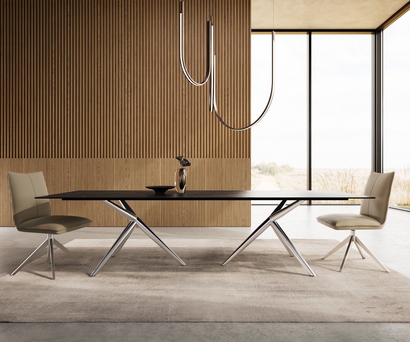 Esstisch Edge 300x100 Keramik Laminam®Noir Desir Braun Estelar rund Edelstahl 2