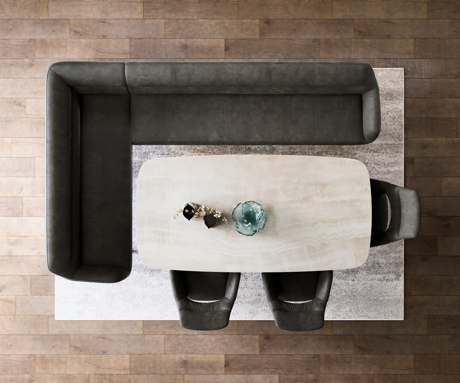 Esszimmerbank Taya-Flex 285x190 cm Mikrofaser Anthrazit Vintage Kufengestell flach Edelstahl Taschenfederkern Rechts 5