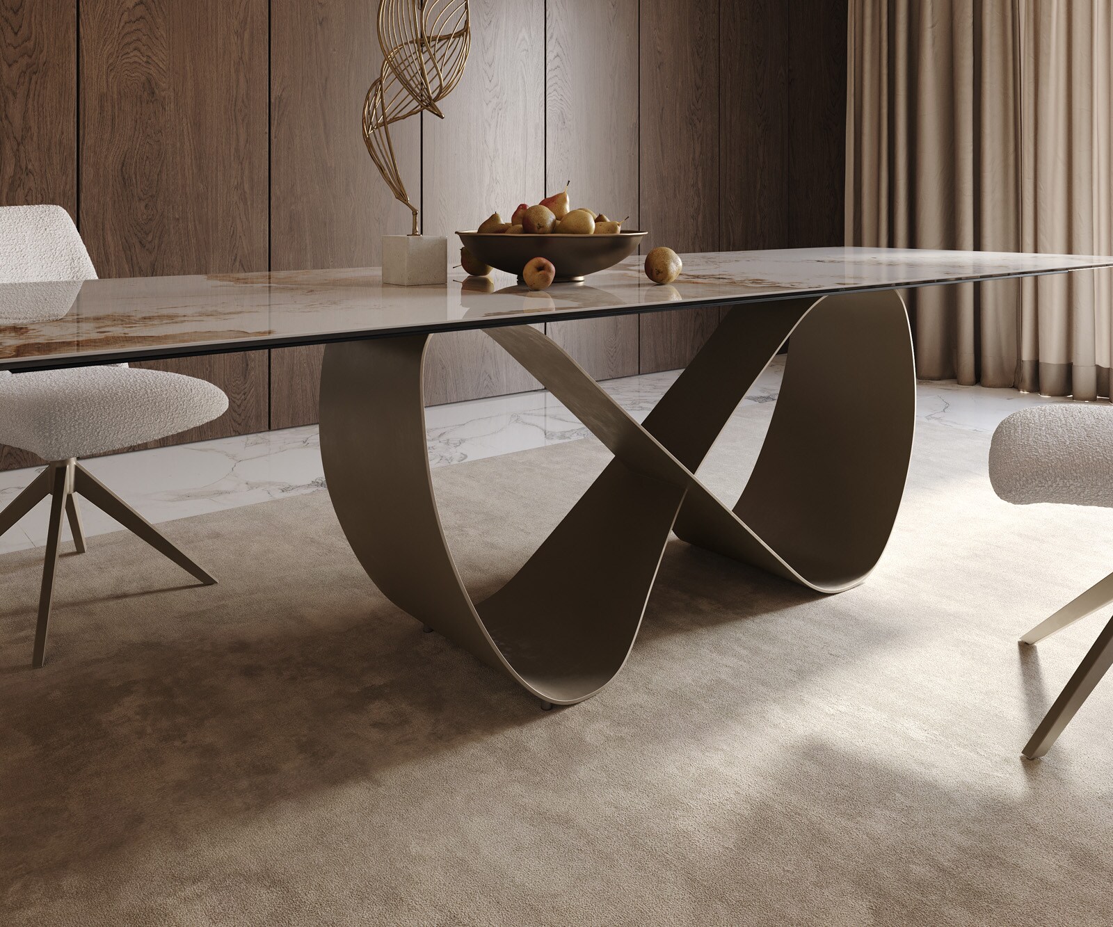 Esstisch Edge 300x100cm Keramik Minas Melange Weiß-Beige Infinity Metall Effektfinish Titan 6