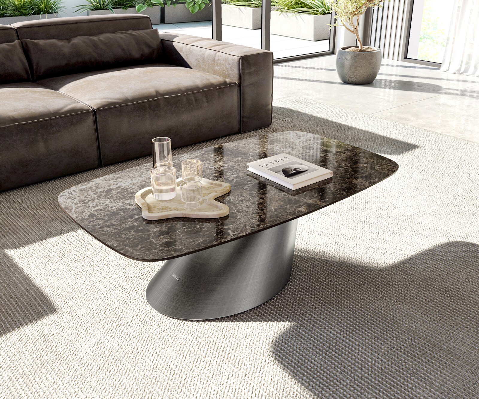 Couchtisch Edge Boot 120x70 cm Keramik Laminam® Emperador Extra Lucidato Dunkelbraun Conis Metallic Silber