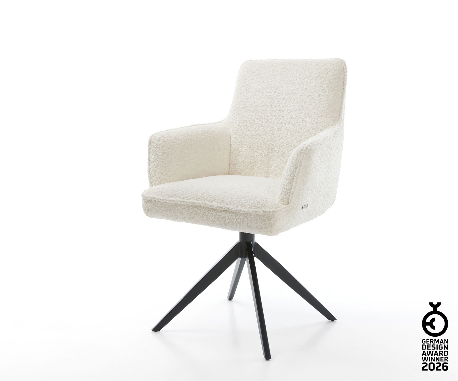 Drehstuhl Heira-Flex mit Armlehnen Bouclé Weiß Kreuzgestell breit Schwarz 360° drehbar Wippfunktion Taschenfederkern