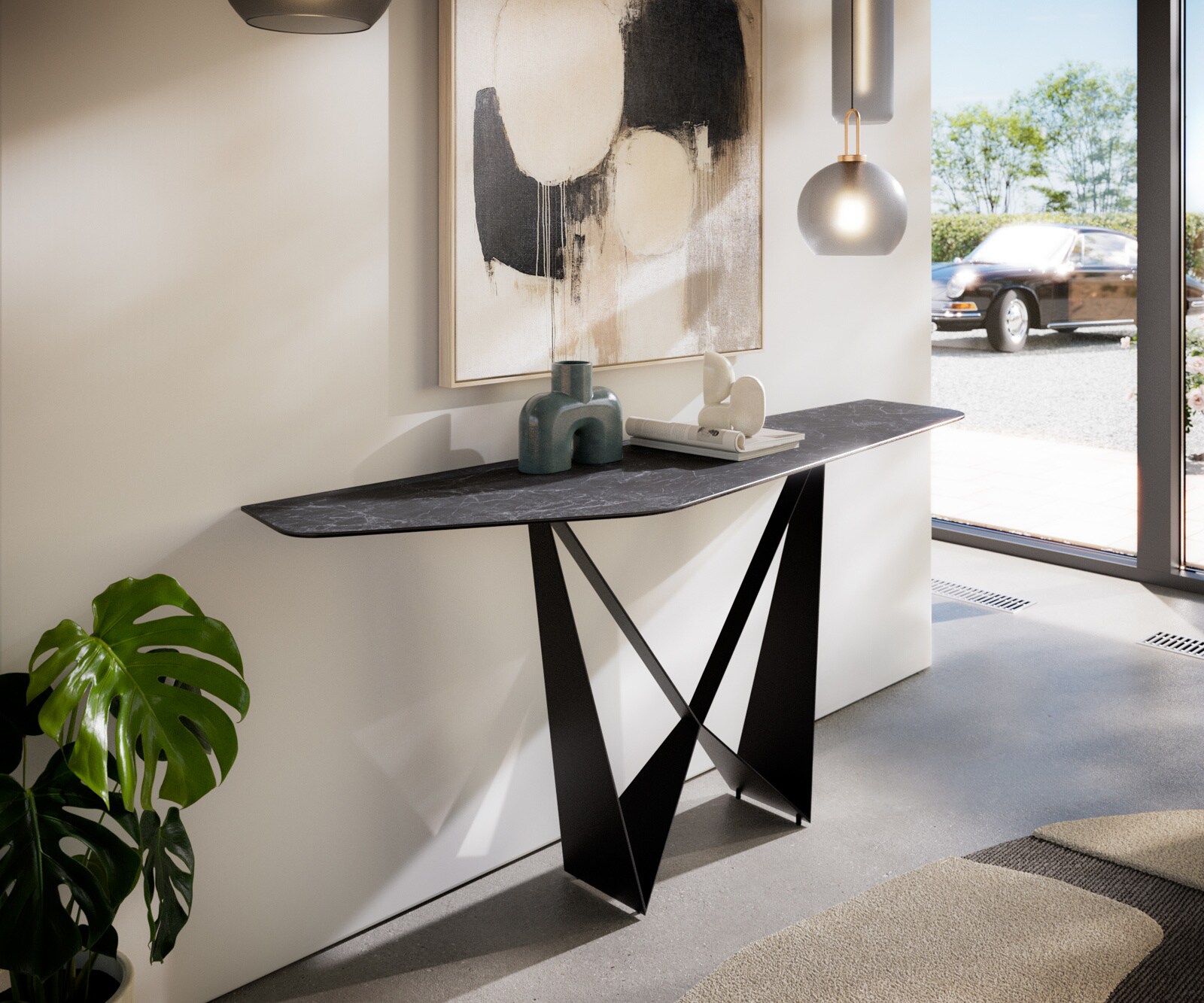 Konsolentisch Edge Polygonal 180x50 cm Keramik Laminam® Nero Greco Anthrazit Spios Metall Schwarz 1