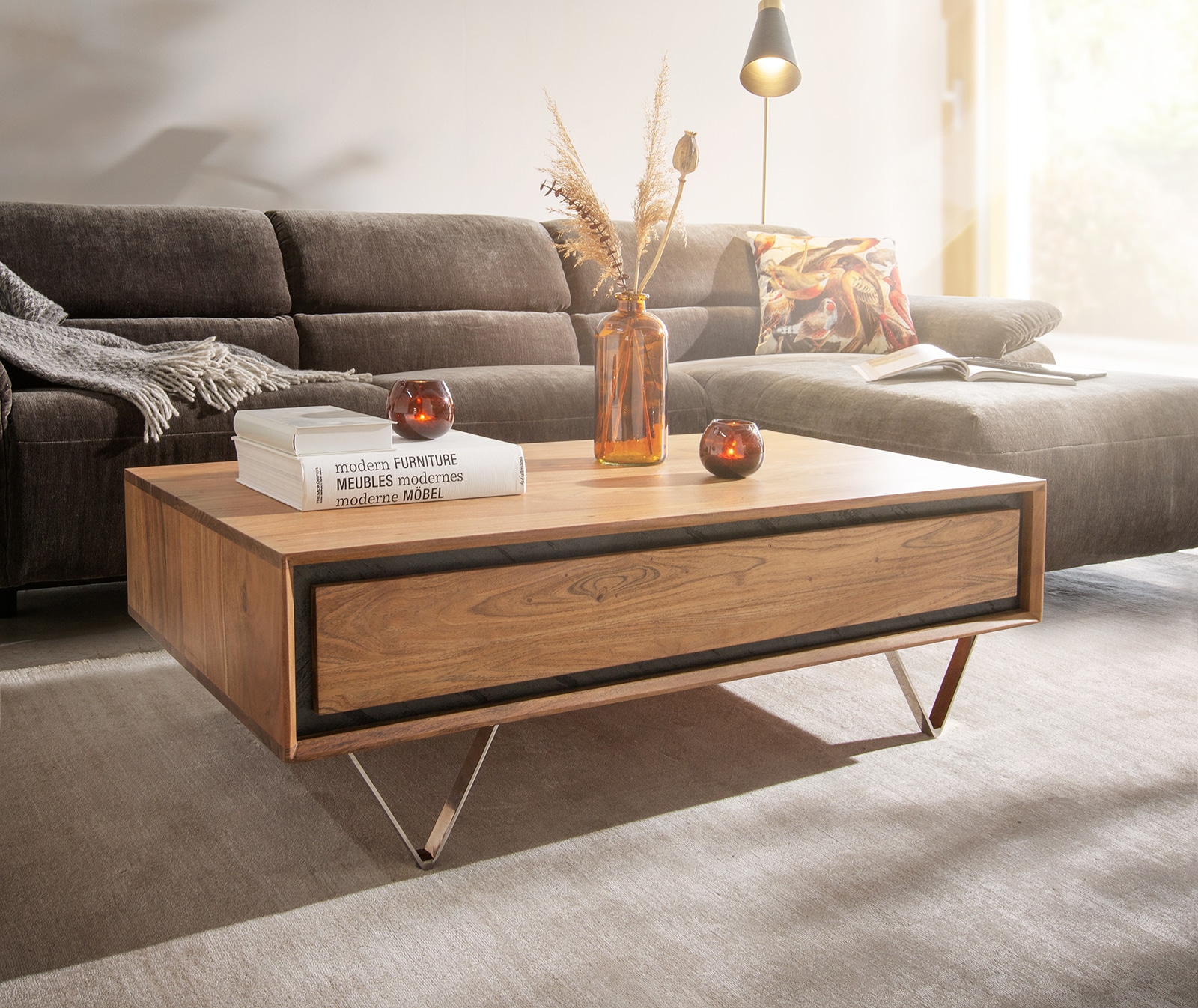 image.title Wohnzimmertisch Stonegrace Akazie Natur x cm  Schubladen Steinfurnier  Couchtisch Couchtisch