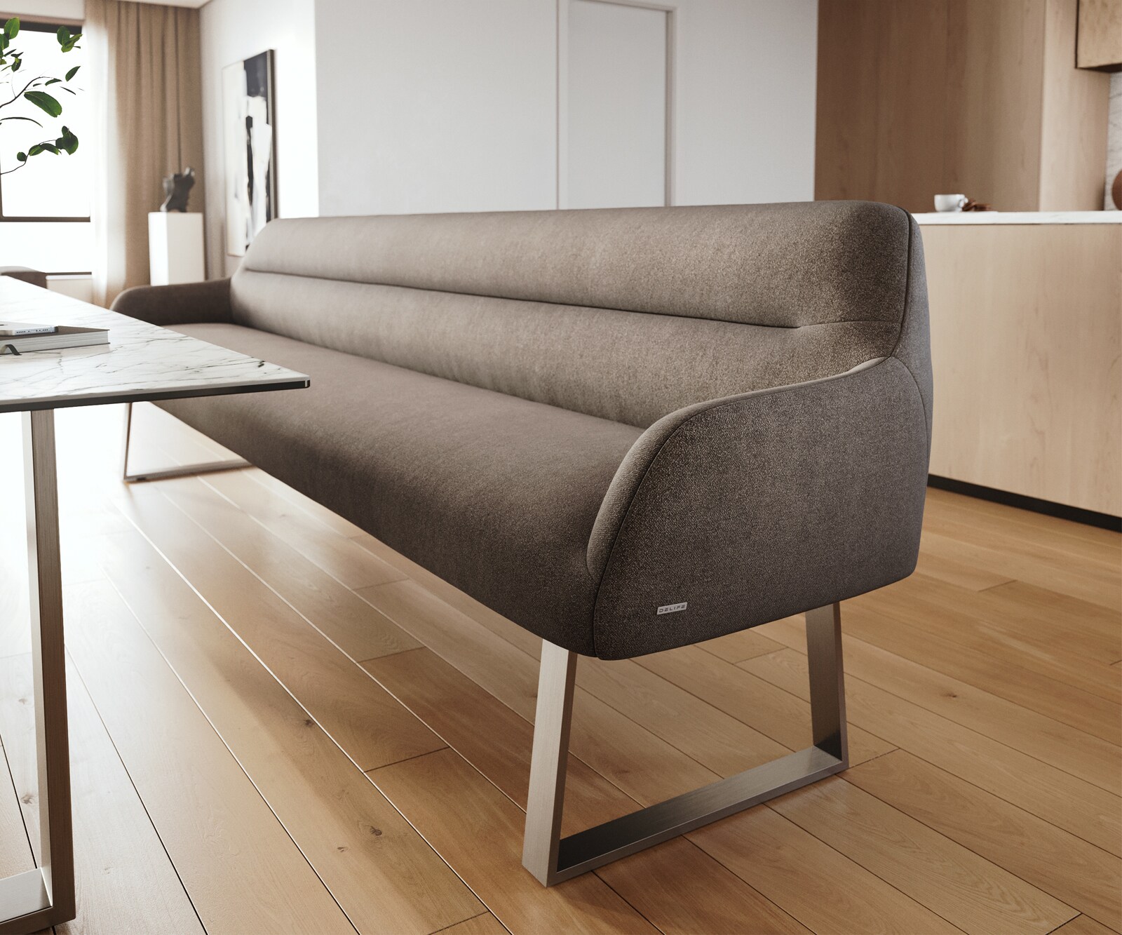 Esszimmerbank Taya-Flex 300 cm Strukturstoff Soft Taupe Kufengestell kantig Edelstahl Taschenfederkern 5