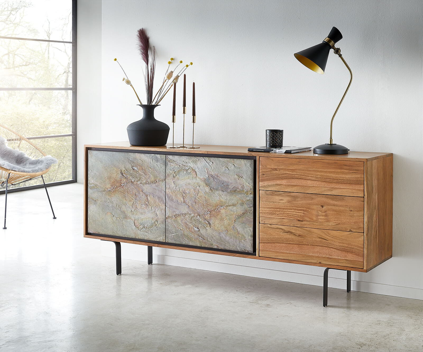 Sideboard Juwelo 175 cm Akazie Natur mit Steinfurnier  1