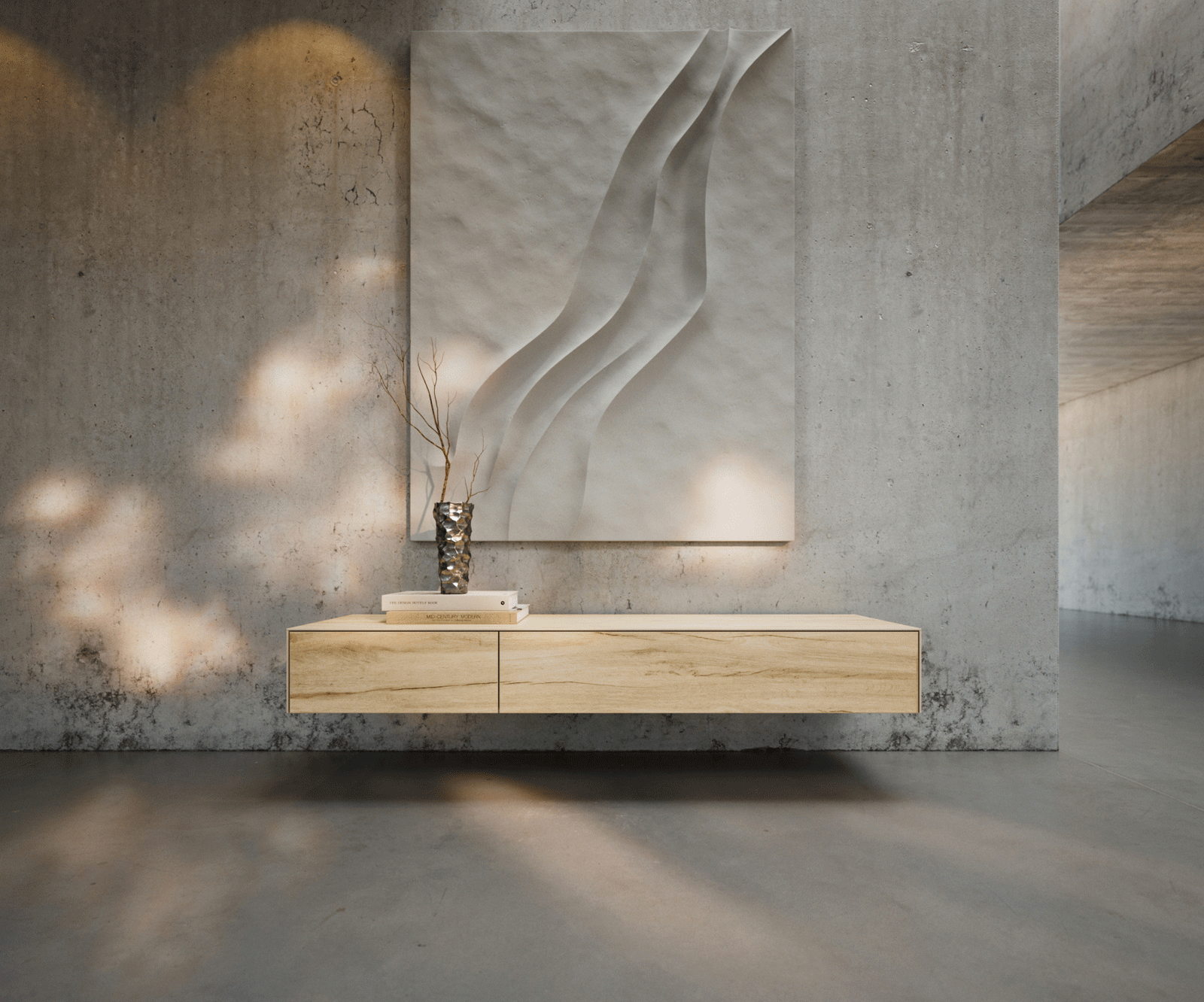 Lowboard Cuor 150 cm Keramik Laminam® Sabbia Eichefarbig 1 Klappe 1 Schubfach Schwebend 1