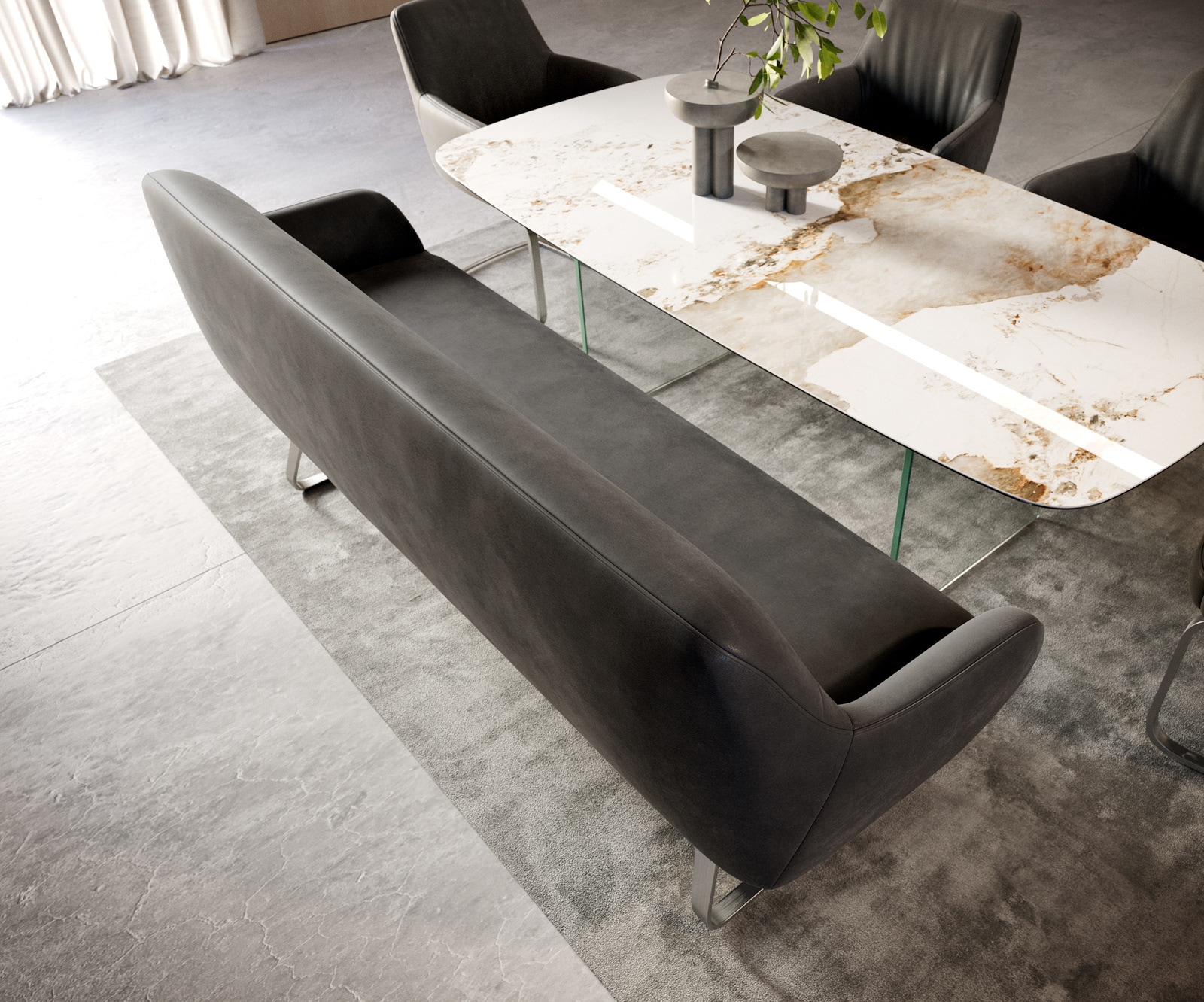 Esszimmerbank Taya-Flex 200 cm Mikrofaser Anthrazit Vintage Kufengestell flach Edelstahl Taschenfederkern 3