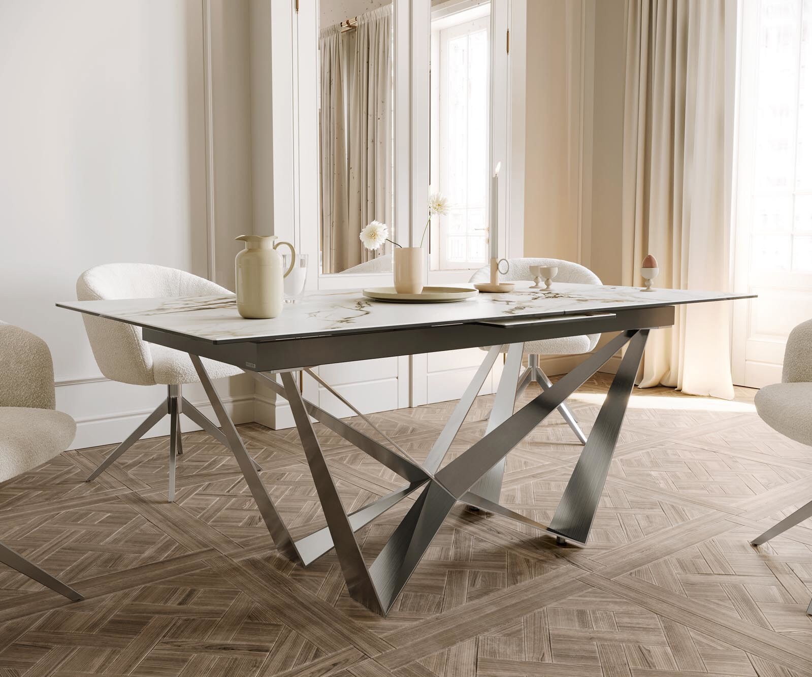 Esstisch Edge 180-220x100 Keramik Calacatta Luxe Weiß-Gold-Grau Spider Flachstahl Edelstahl ausziehbar 4