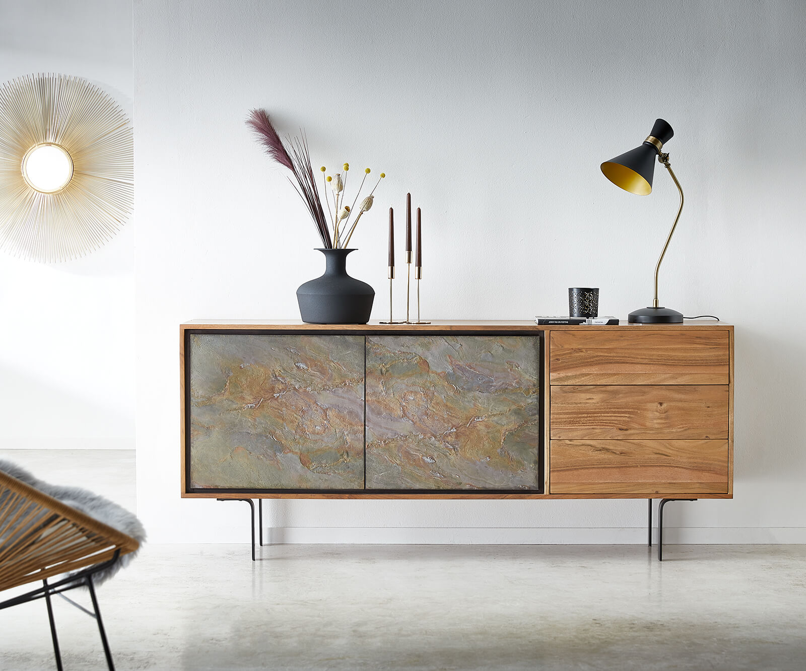 Sideboard Juwelo 175 cm Akazie Natur mit Steinfurnier 